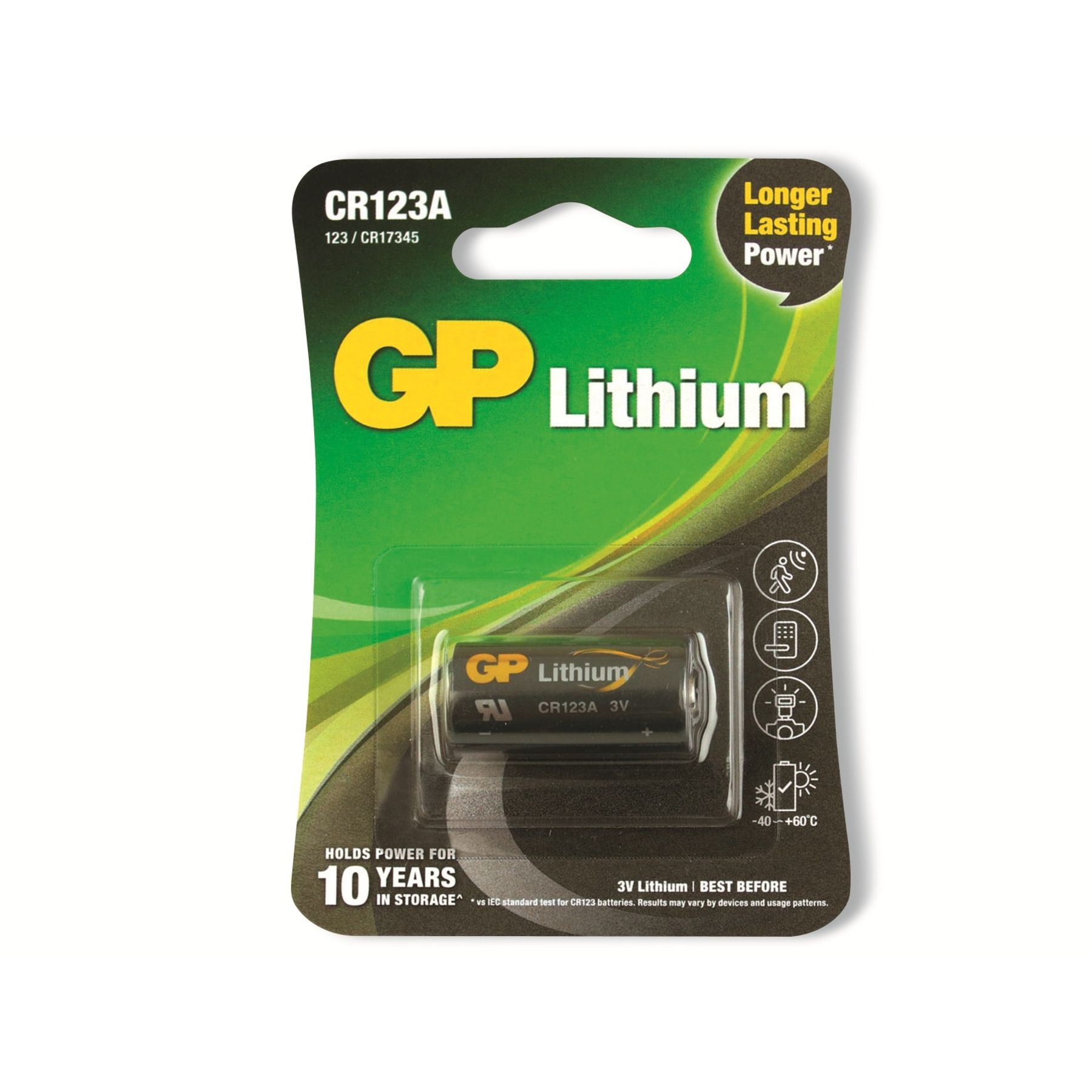 Een groen en zwart pakket GP Lithium batterijen, met één batterij, tekst en iconen.