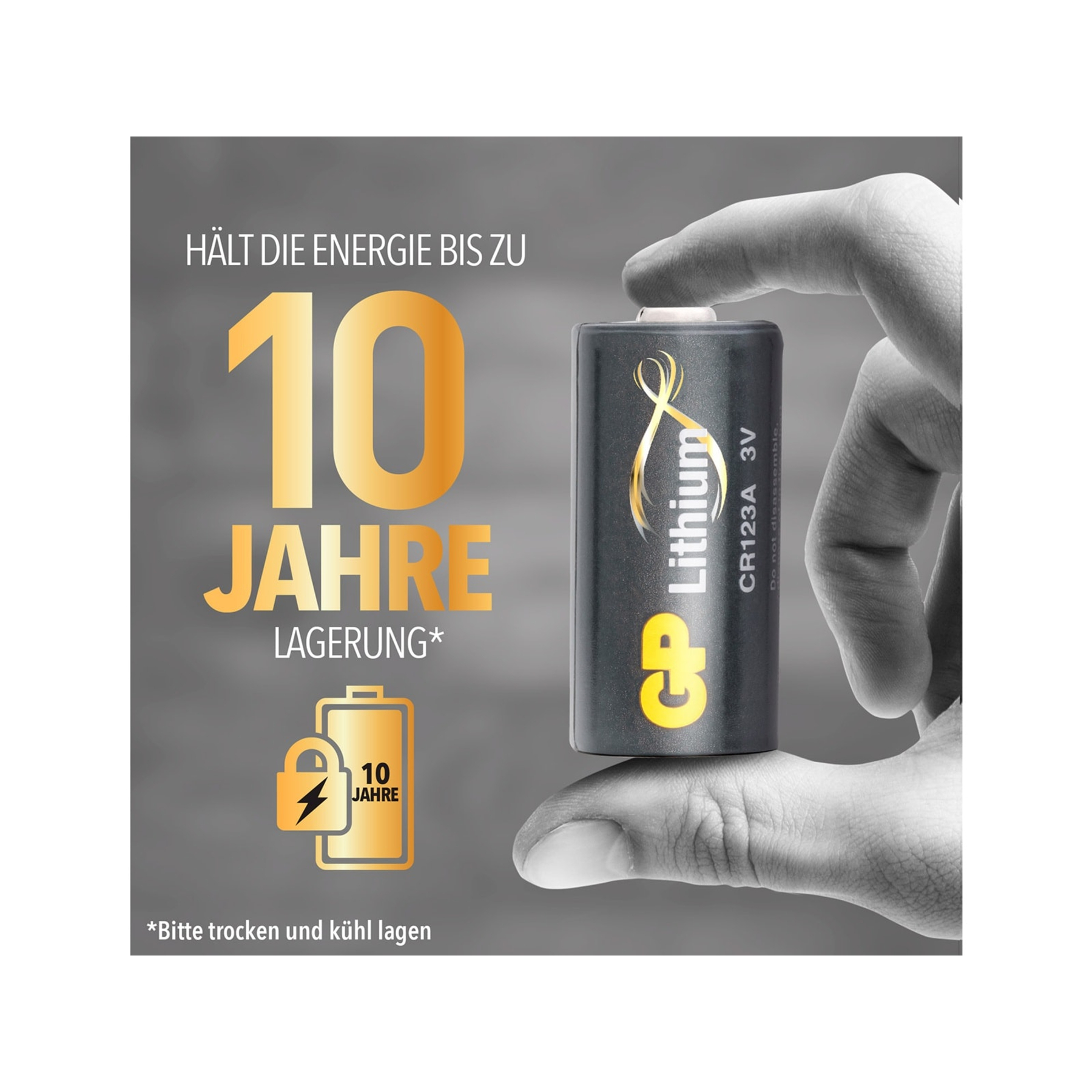 Een hand die een zwarte lithiumbatterij vasthoudt. Tekst zegt dat hij energie tot 10 jaar vasthoudt. Het logo is GP.