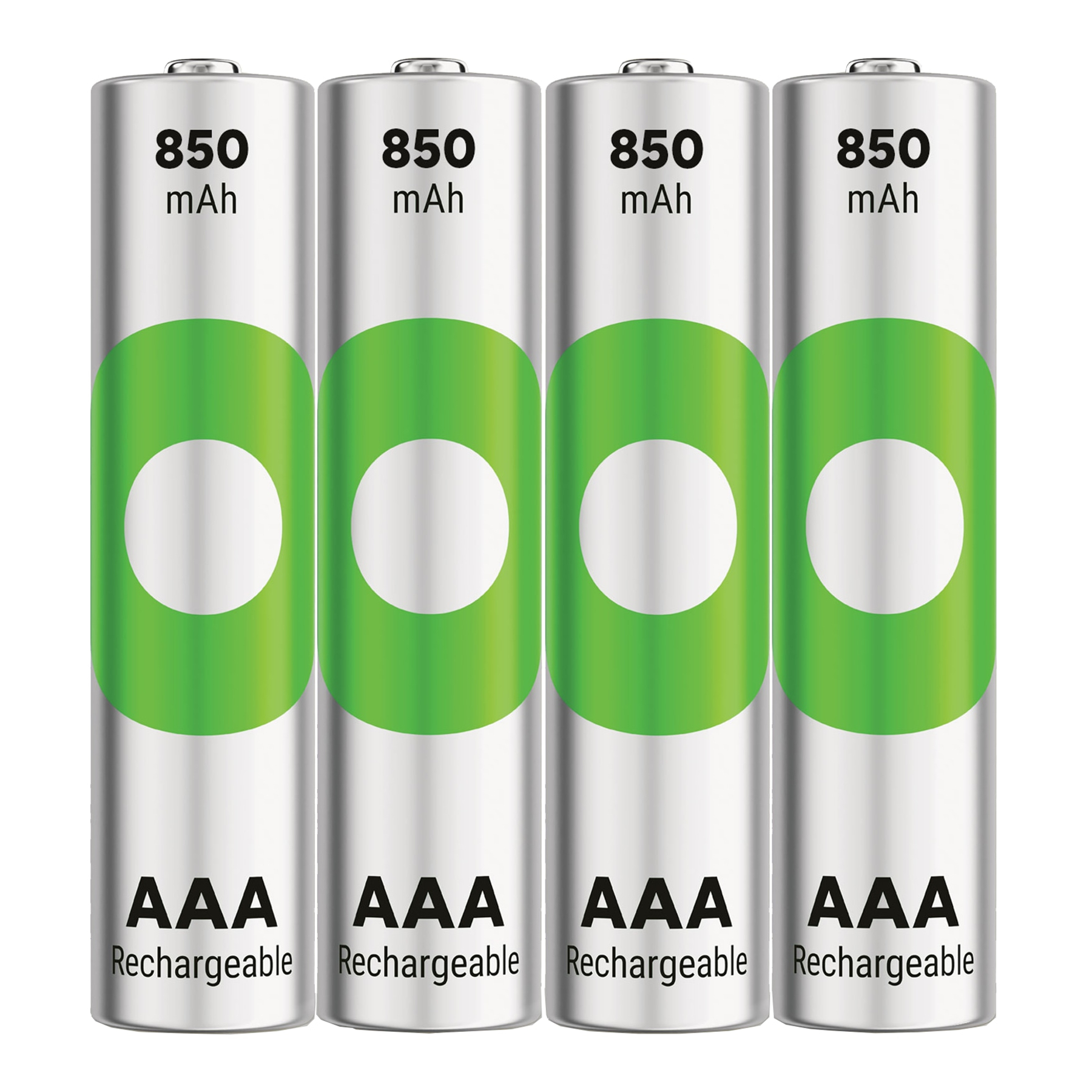 Wyświetlane są cztery akumulatory AAA. Każda bateria ma zielone i białe akcenty z oznaczeniami mAh i pojemności.