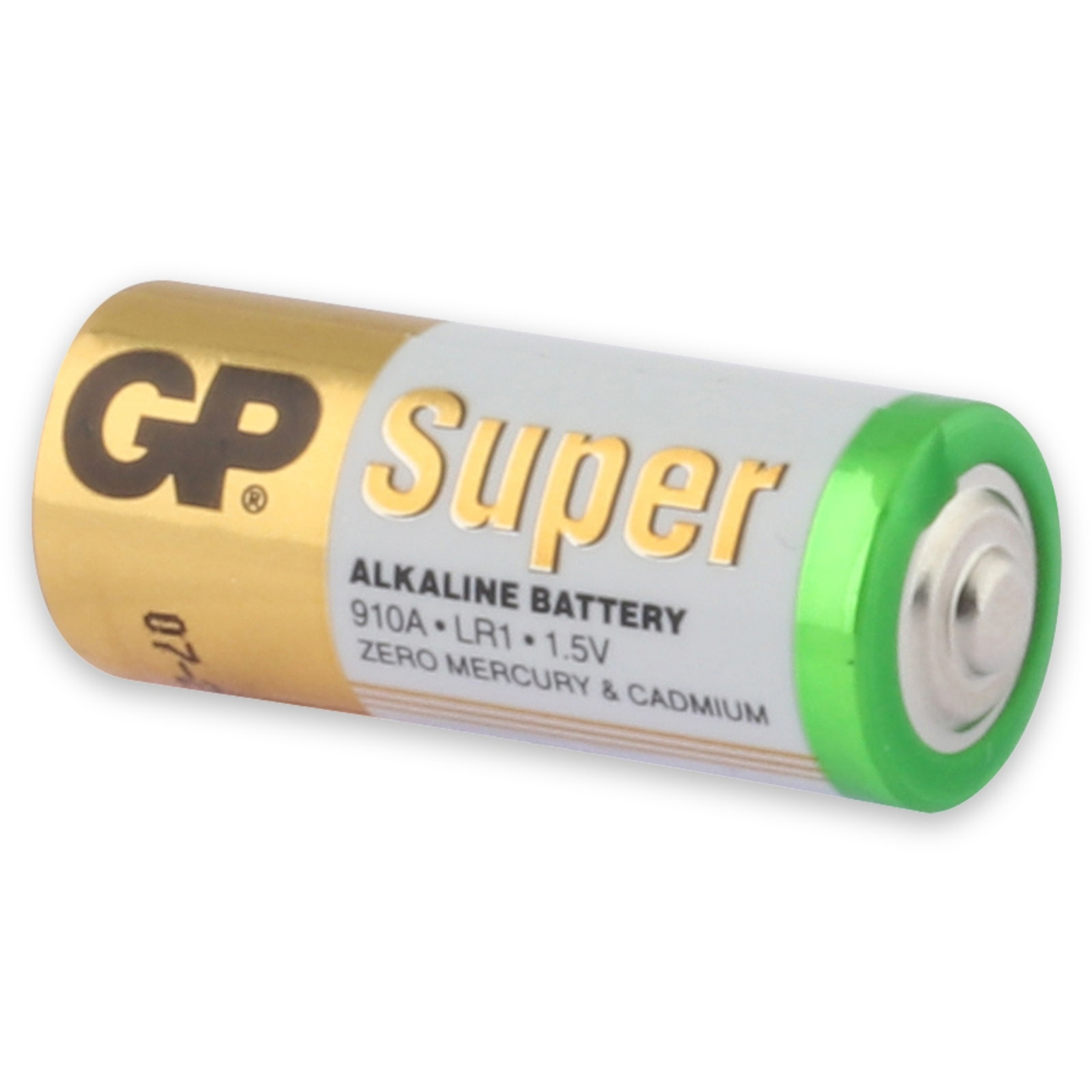 Eine zylindrische GP Super Alkaline Batterie. Sie hat einen goldenen Deckel mit dem GP-Logo, einen grauen Körper mit Text und ein grünes Ende.