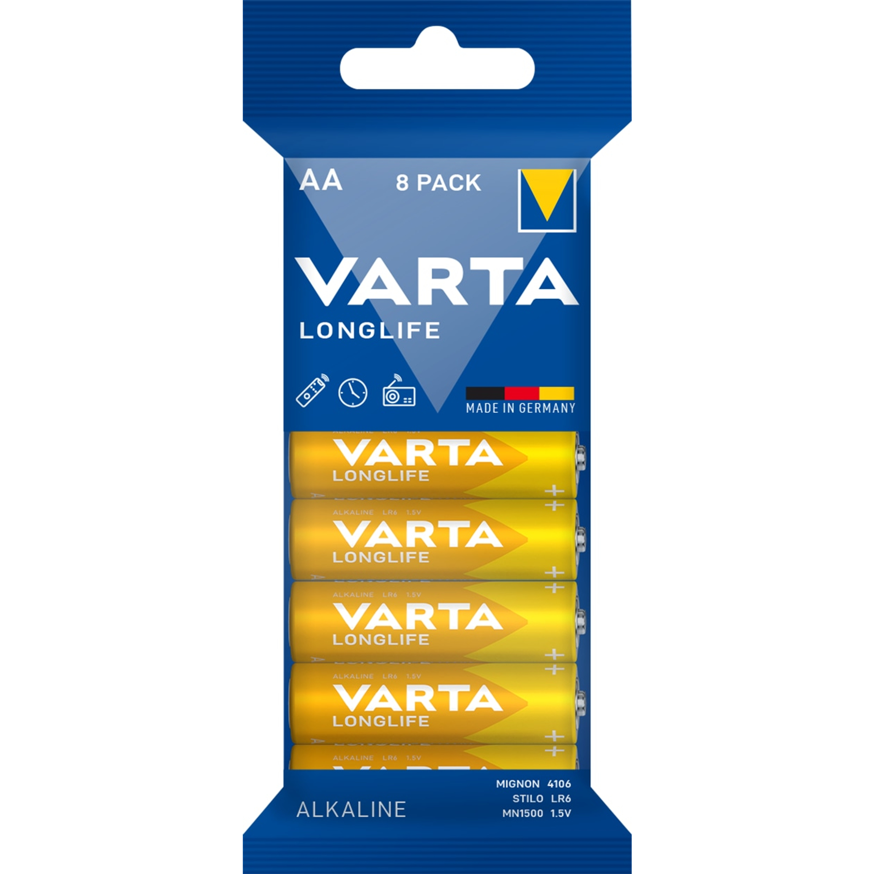 Eine Packung Varta Longlife AA Batterien. Die Packung ist blau und enthält 8 Batterien.