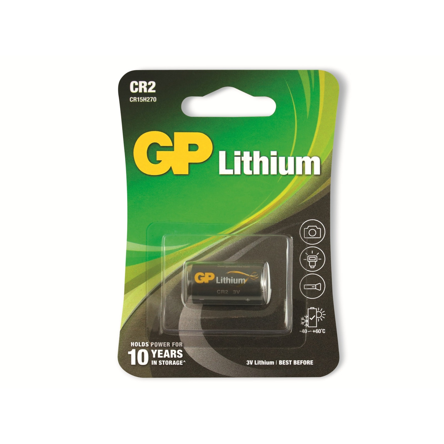 Eine GP Lithium CR2 Batteriepackung. Die Packung ist grün, mit einer durchsichtigen Kunststoffverpackung.