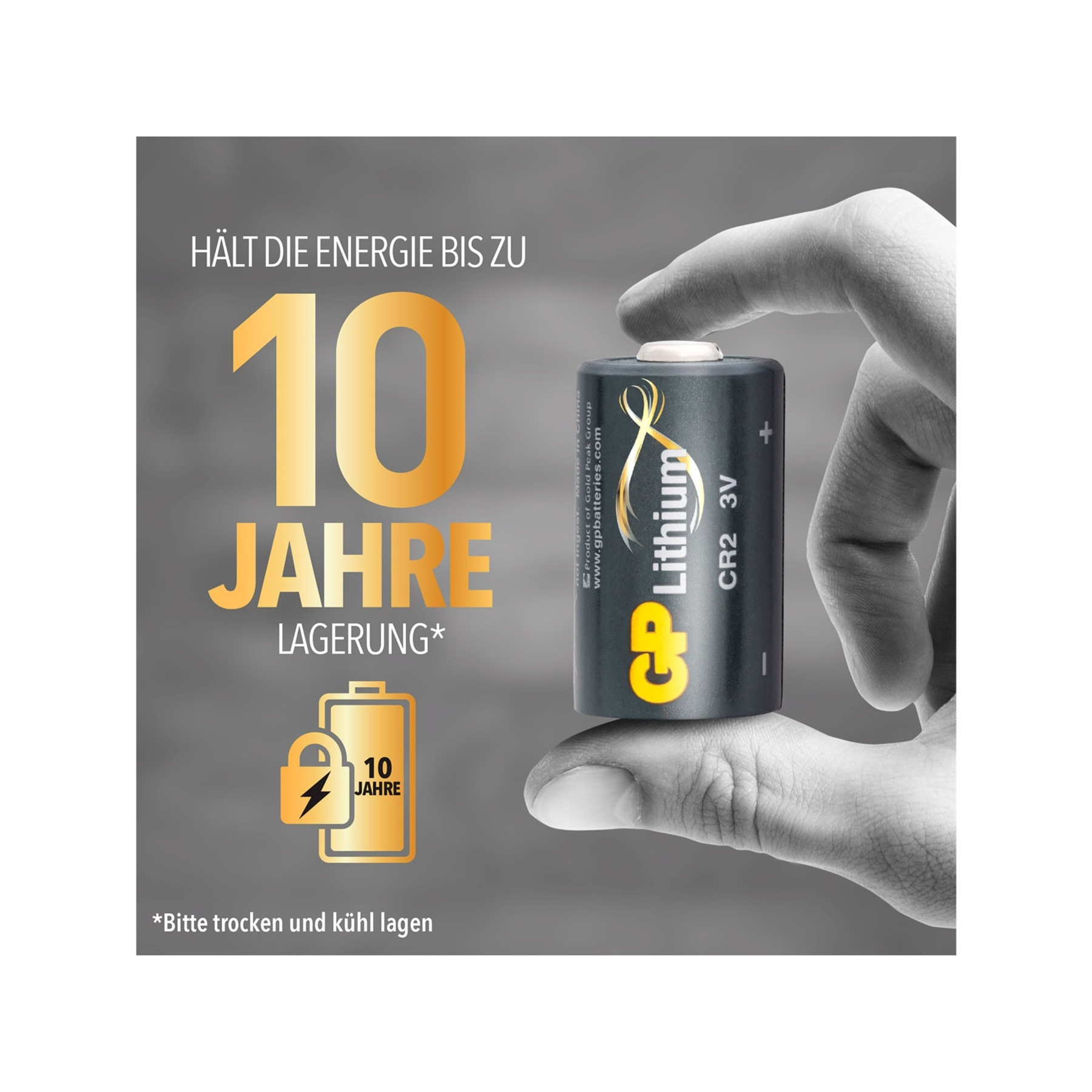 Eine Hand hält eine schwarze Lithiumbatterie. Text: 10 Jahre Lagerung. Die Marke ist GP Lithium.
