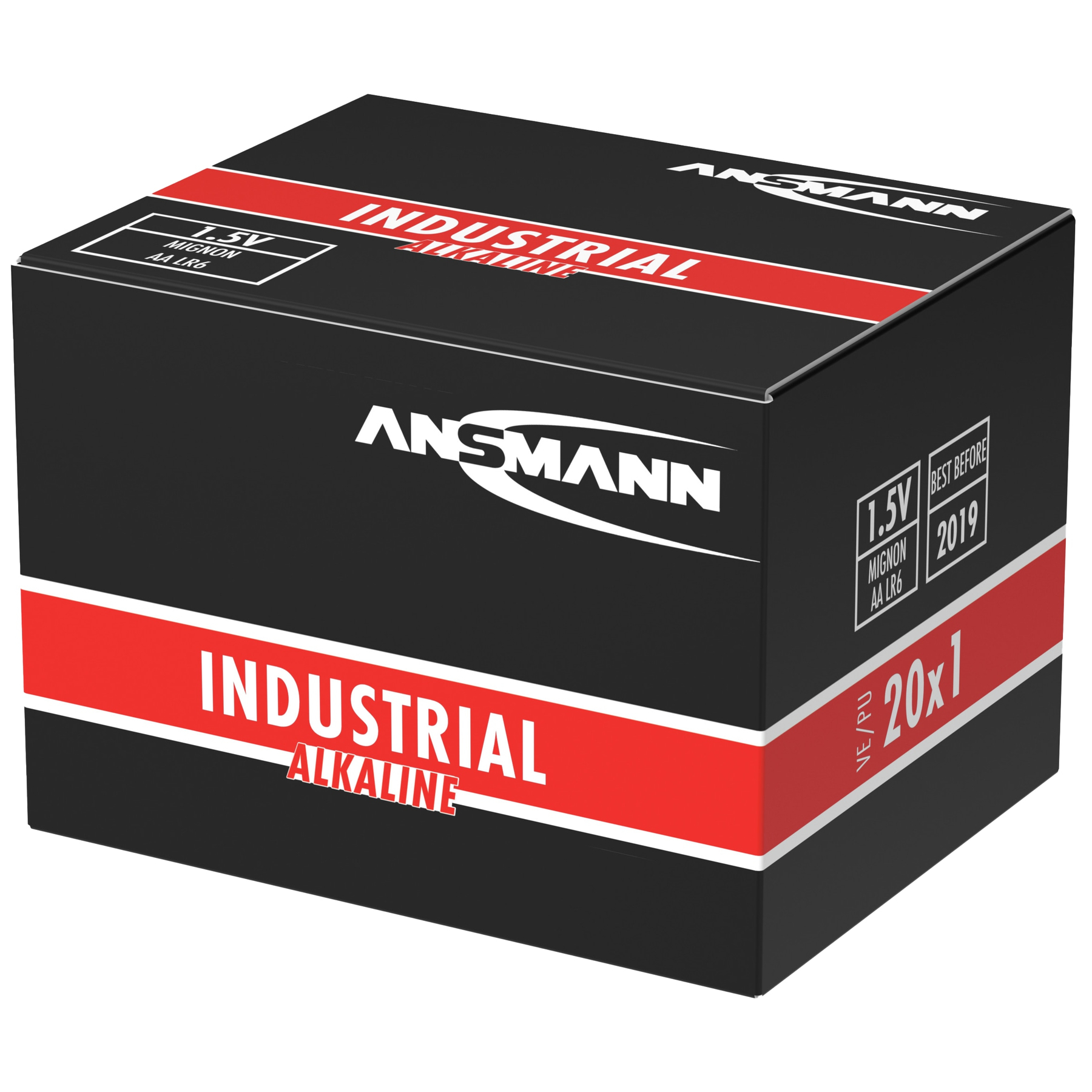 Kiste mit ANSMANN Industrial Alkaline-Batterien. Schwarze Kiste mit roten und weißen Streifen. Text: 1,5 V, Mignon AA LR6, haltbar bis 2019.
