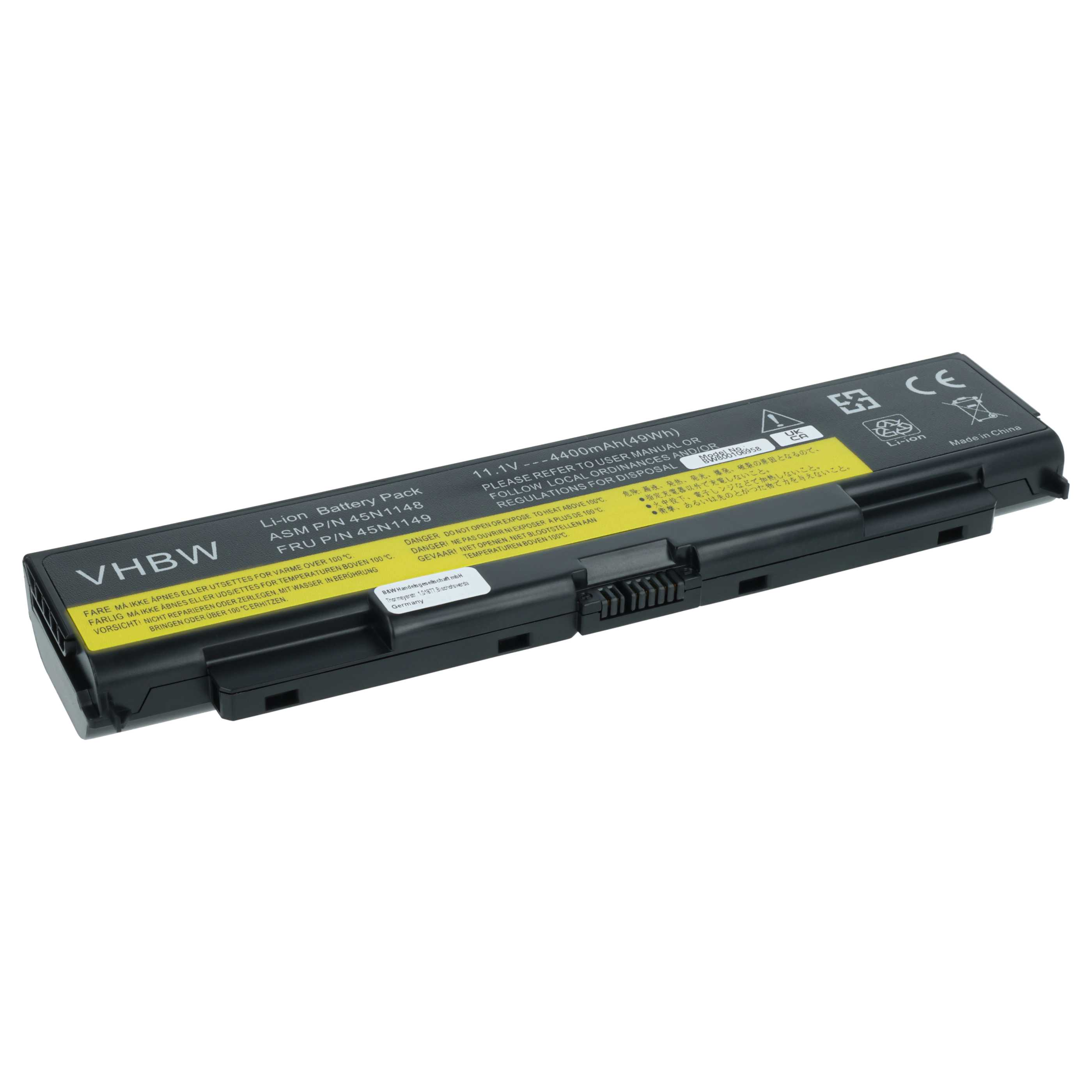 Ein schwarzer Laptop-Akku mit gelbem Etikett, weißer Hintergrund. Text enthält 'Li-ion', '4400mAh' und Warnhinweise.