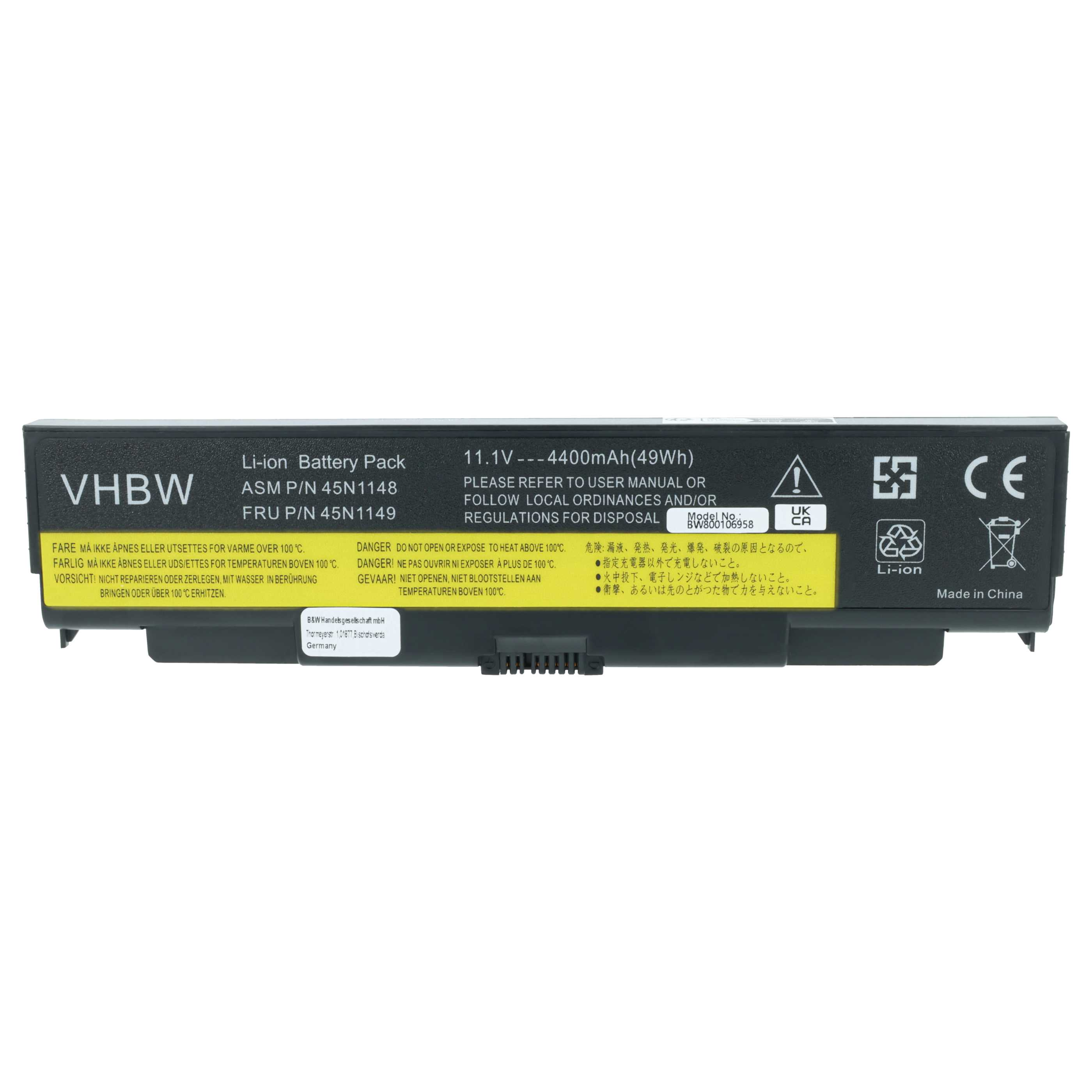 Schwarzer VHBW Li-Ion-Akku. Text enthält Modellinformationen, Warnungen und Zertifizierungen wie CE- und UK CA-Kennzeichen.