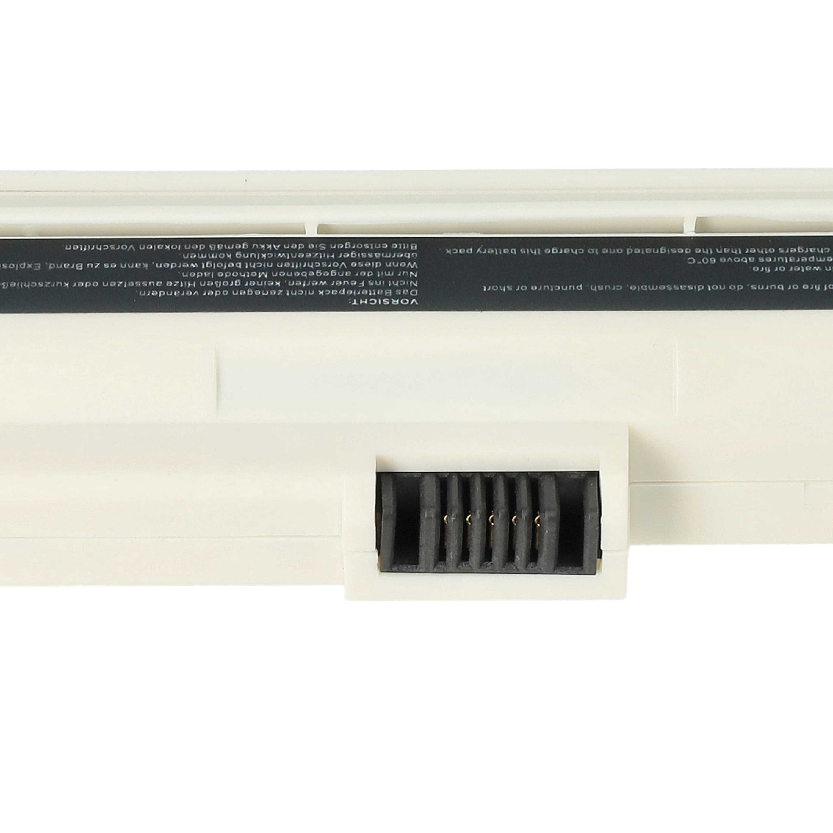 Ein weißes Akkupack mit einem schwarzen Stecker wird gezeigt. Text in mehreren Sprachen ist aufgedruckt.