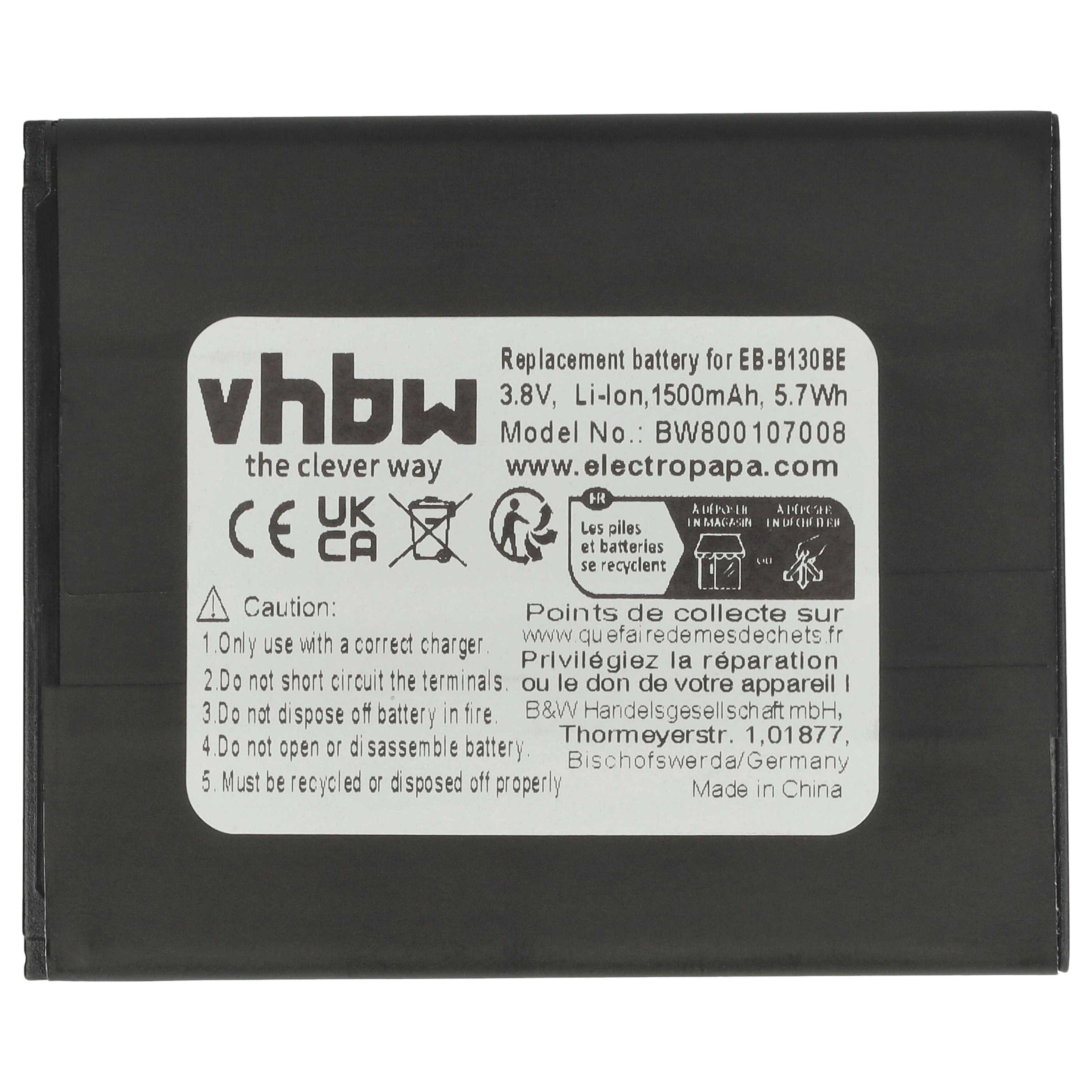 Ein schwarzer Akku mit weißem Text. Der Text enthält Batteriespezifikationen, Warnhinweise und Recyclinginformationen.