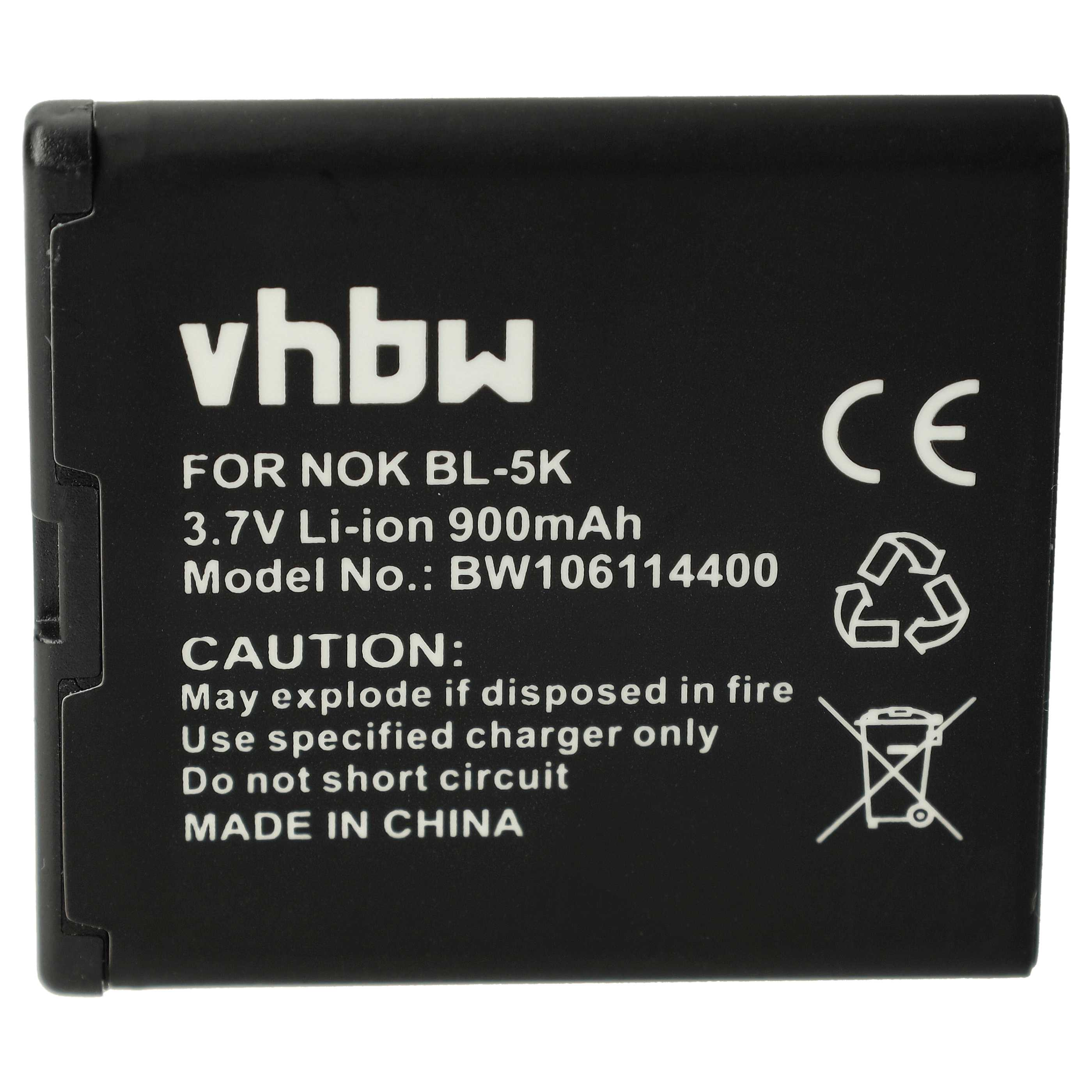 Schwarzer Akku mit weißem Text: vhbw, FOR NOK BL-5K, 3,7V Li-Ionen, VORSICHT: Kann explodieren, Nicht kurzschließen, MADE IN CHINA, CE-Symbol.