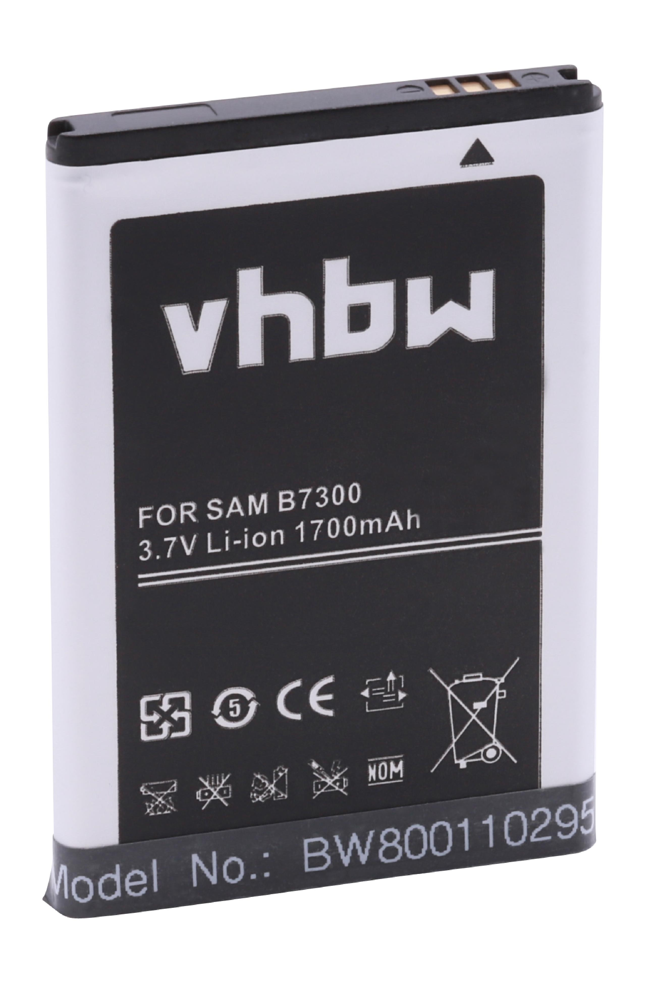 Ein weiß-schwarzer Akku mit der Aufschrift 'vhbw' und weiteren Details wie 'FOR SAM B7300' und 'BW800110295'.