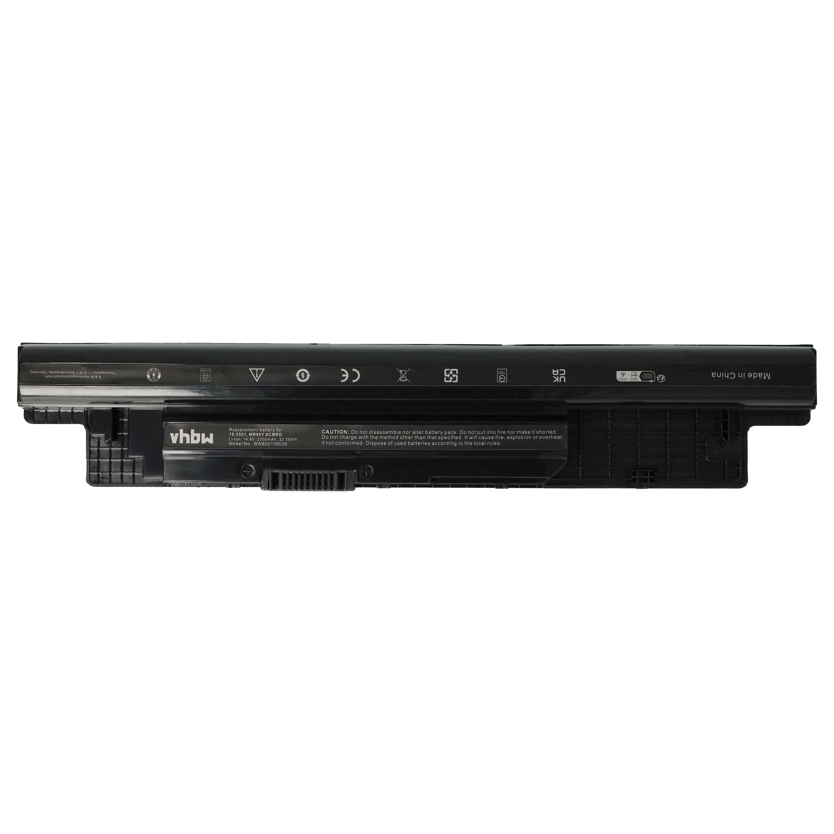 Schwarzer Laptop-Akku mit Sicherheitshinweisen, Markennamen und Produktinformationen auf der Oberfläche.