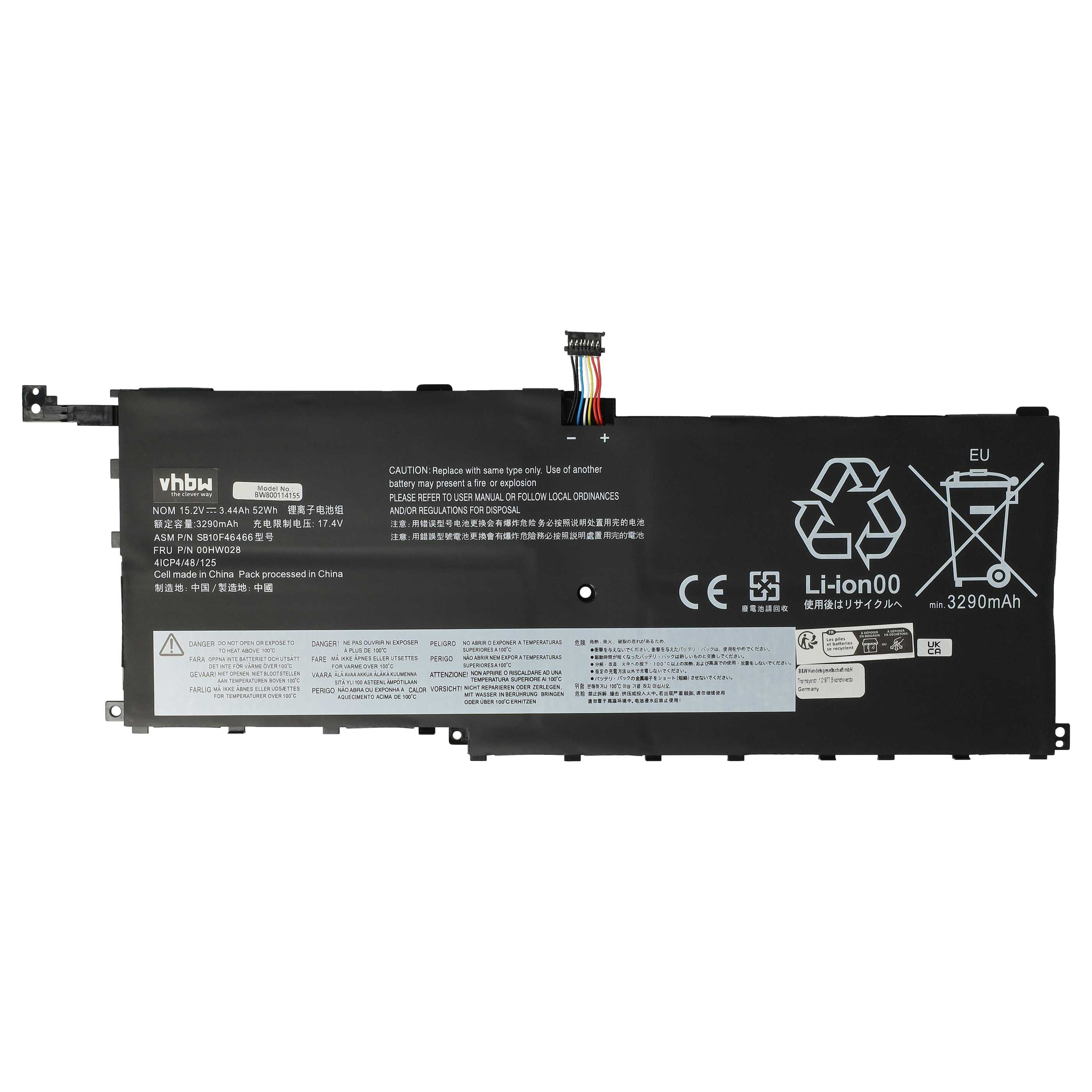 Schwarzer Laptop-Akku mit Warnhinweisen, Recycling-Symbol und Spannungsinformationen.