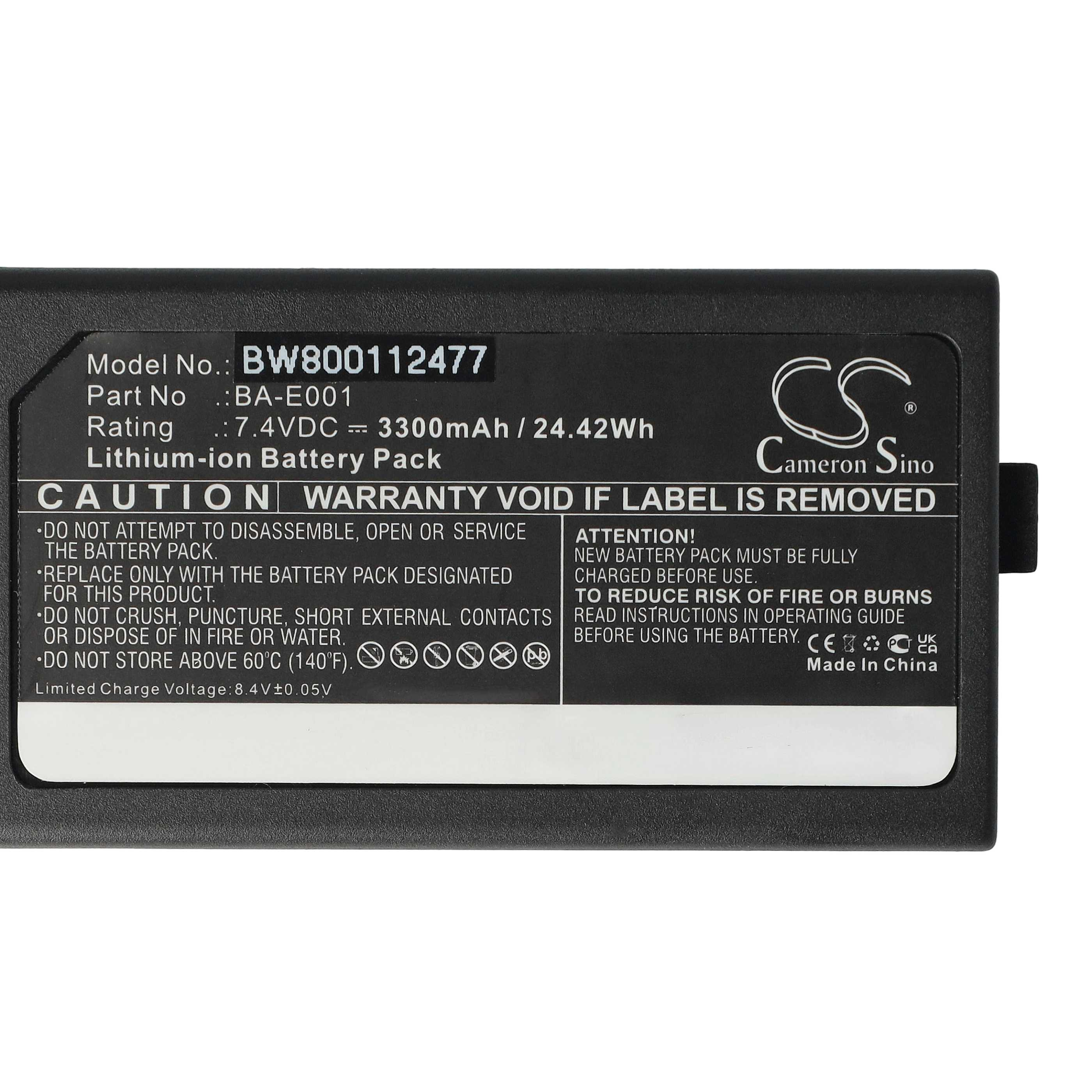 Ein schwarzes Lithium-Ionen-Akkupack mit weißem Text, Modell- und Warnetiketten. Die Marke ist Cameron Sino.