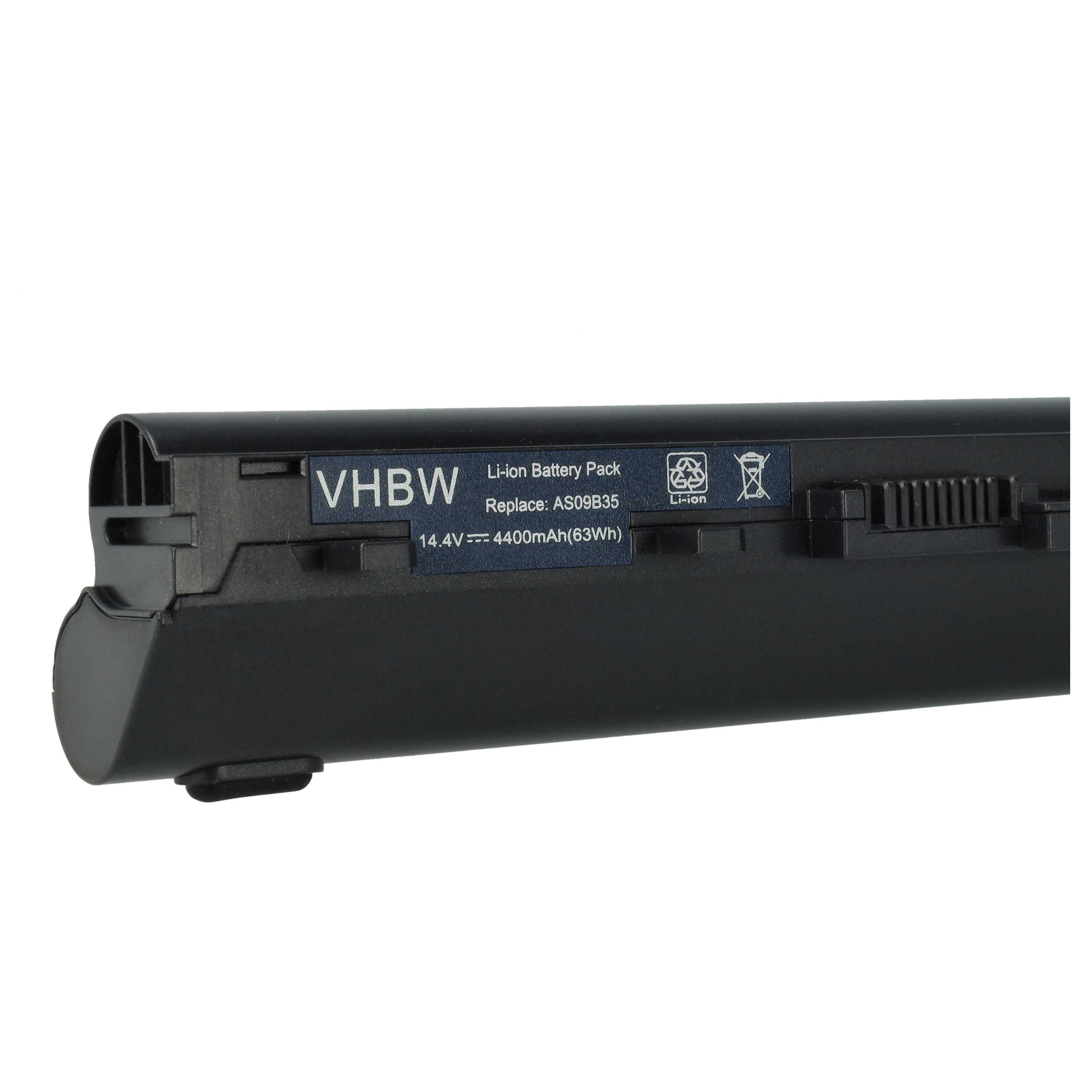 Ein schwarzer Laptop-Akku mit weißem Text. Der Text lautet: VHBW, Li-Ion-Akkupack, Ersetzen: AS09B35, 14,4 V 4400 mAh (63 Wh).