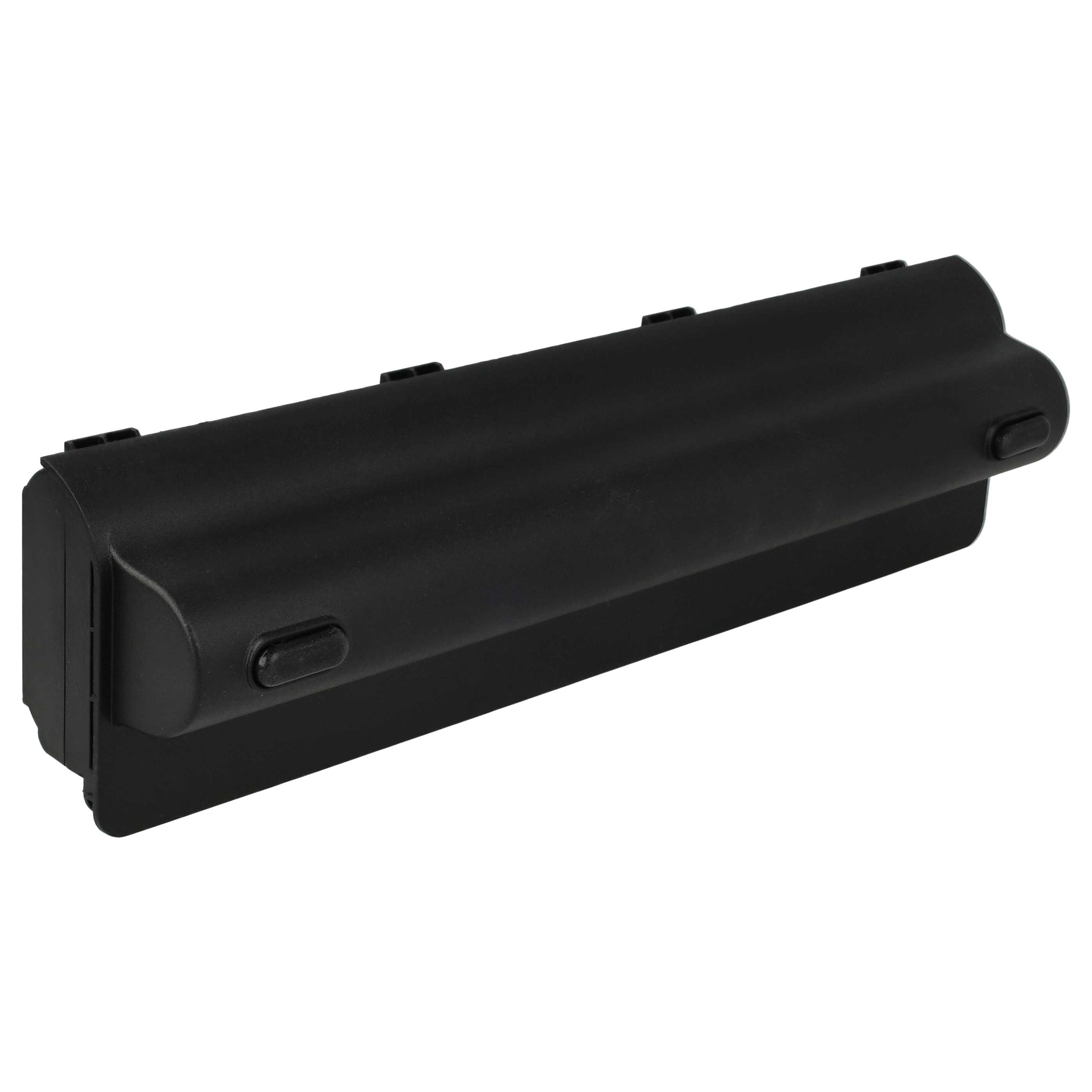 Ein schwarzer rechteckiger Laptop-Akku mit abgerundeten Kanten. Er hat mehrere kleine, erhabene Merkmale oben und einen Knopf.