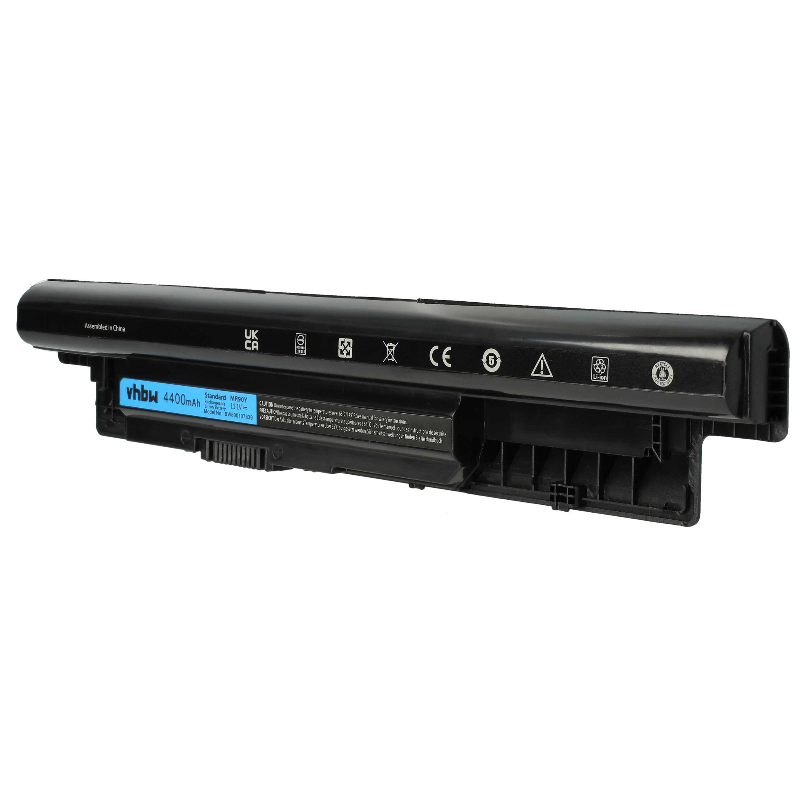 Schwarzer Laptop-Akku mit Text. Enthält Warnsymbole und technische Daten.