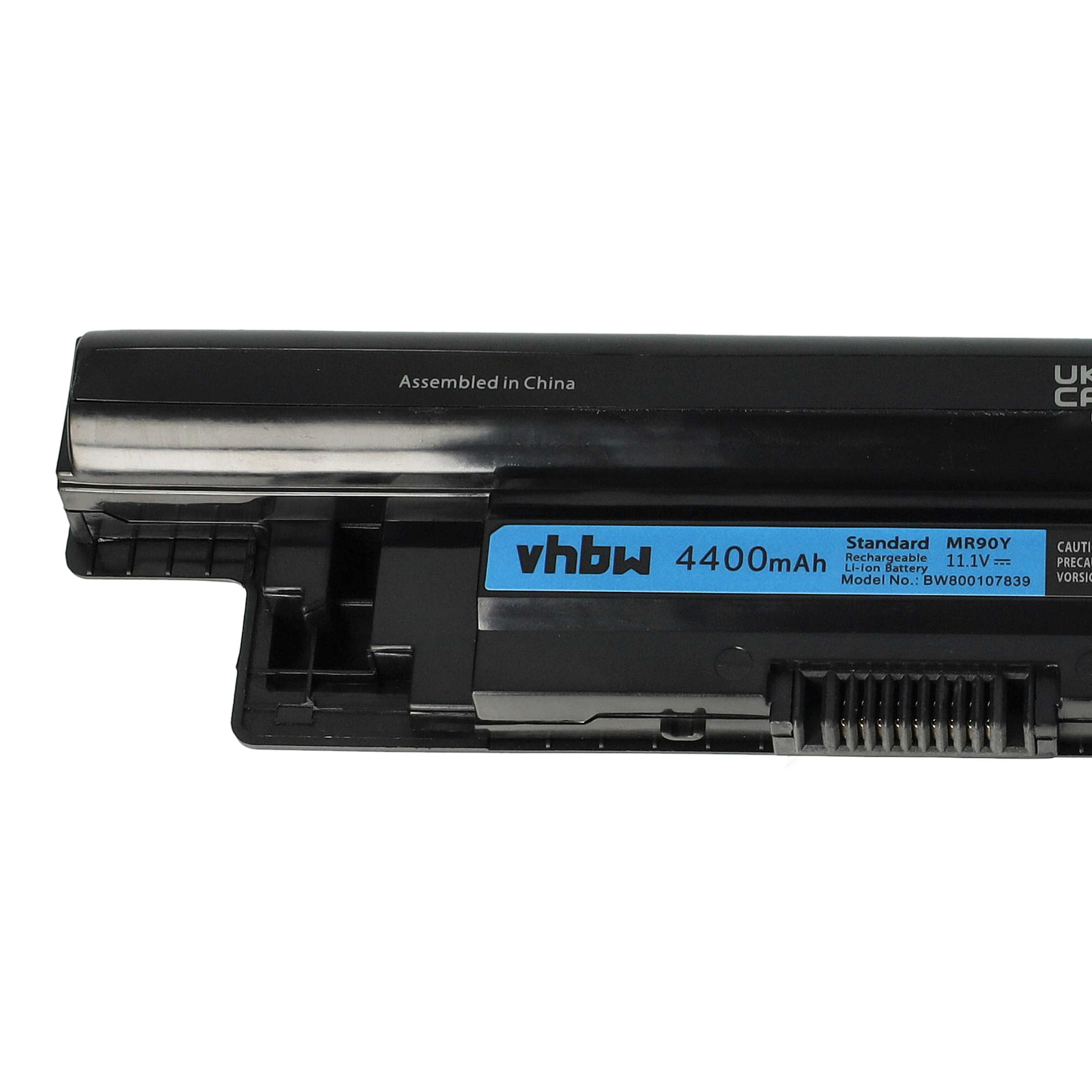 Schwarzer Laptop-Akku mit blauem Etikett. Text: vhbw 4400mAh, Standard MR90Y, Wiederaufladbar 11,1V. 'Hergestellt in China'.