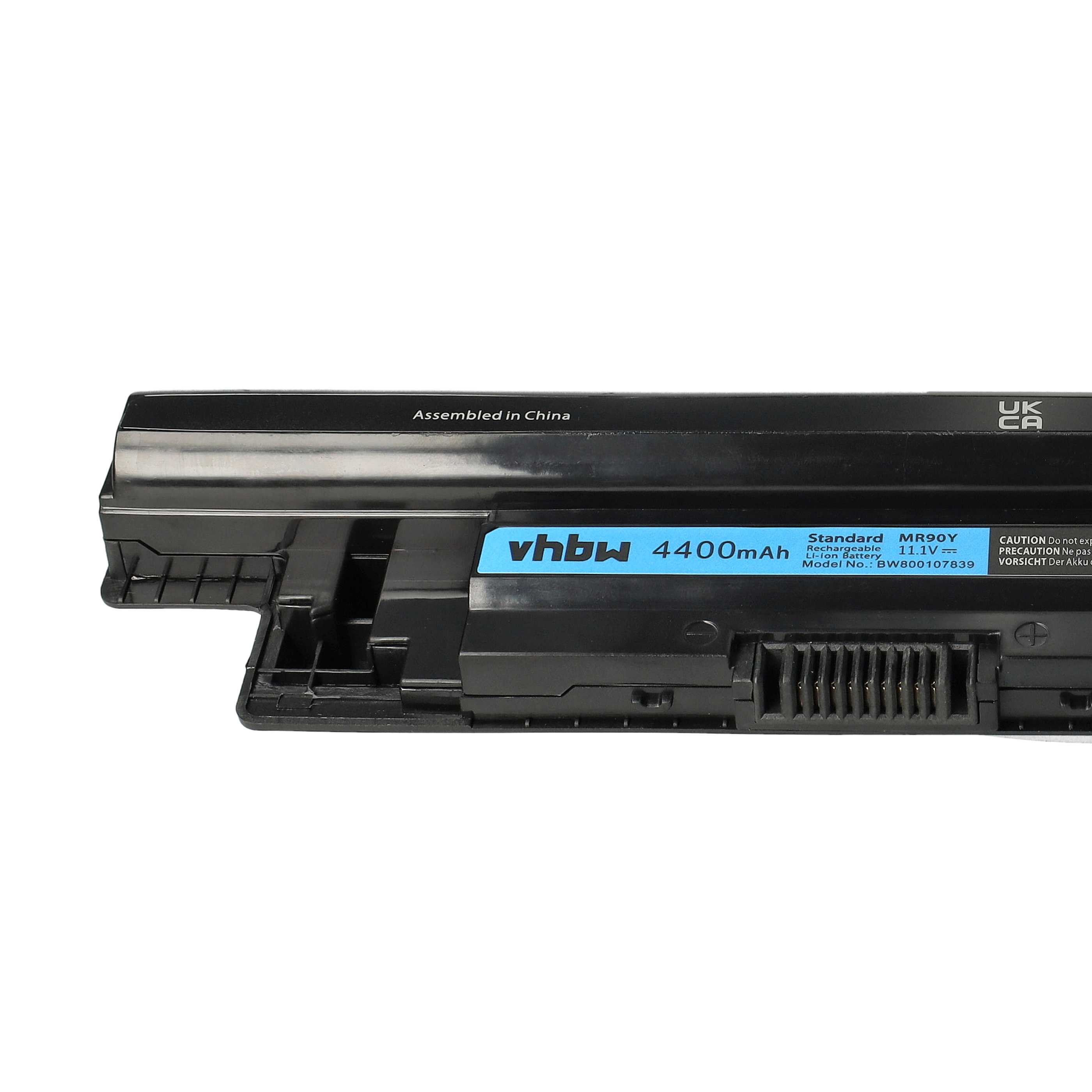 Schwarzer Laptop-Akku mit blauem Etikett, Text: vhbw, 4400mAh, 11,1V und Warnhinweise. Weißer Hintergrund.