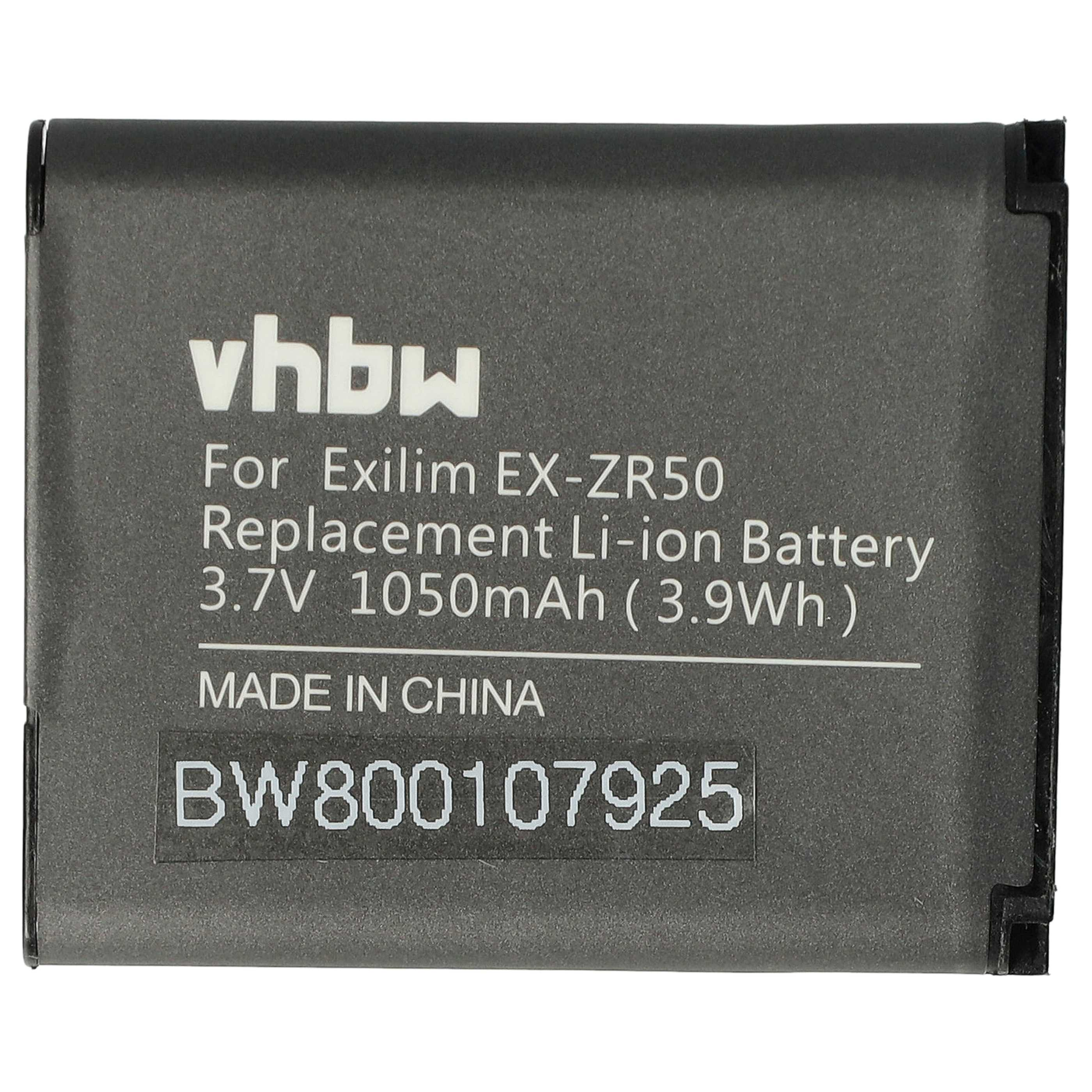 Ein graues Akku-Pack mit weißem Text. Es steht 'vhbw', 'For Exilim EX-ZR50', '3.7V 1050mAh' und 'MADE IN CHINA'.