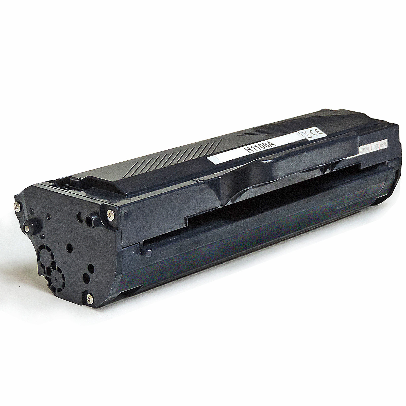 Eine schwarze Druckerkartusche auf weißem Hintergrund. Sie hat ein Etikett mit der Aufschrift H1106A.