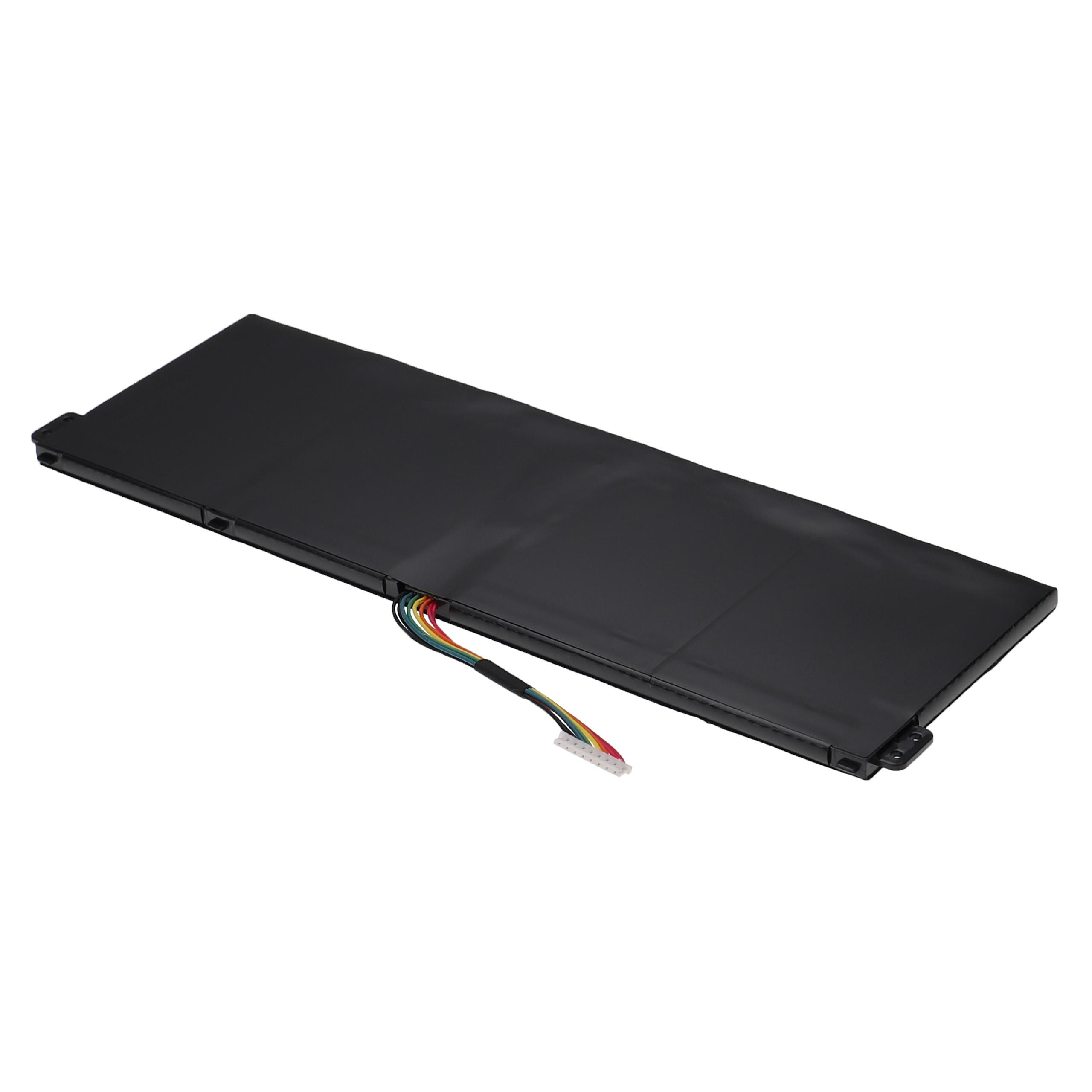 Ein schwarzer rechteckiger Laptop-Akku mit einem mehrfarbigen Kabelbündel, das sich davon erstreckt.