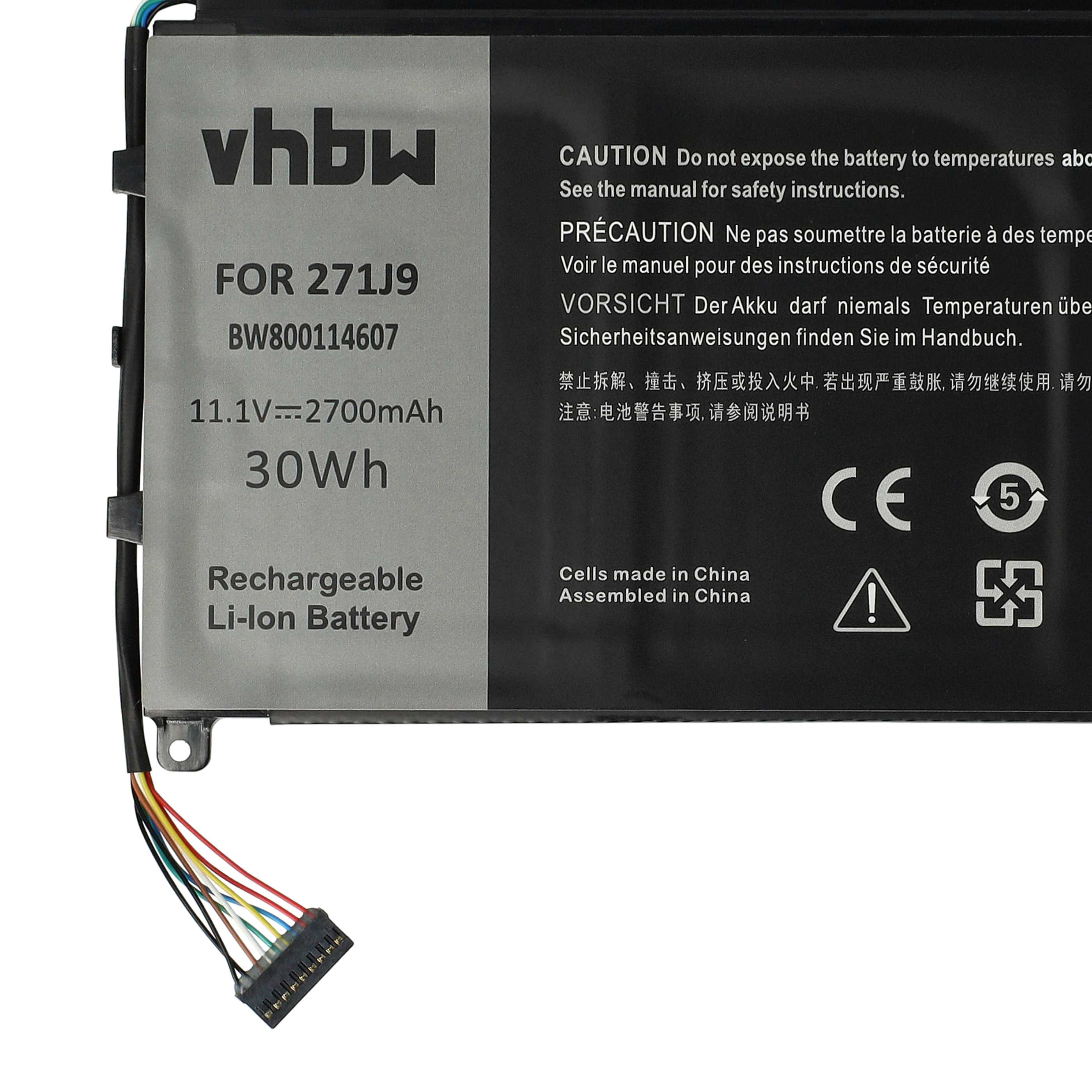 Ein Batterieetikett mit Text, Warnungen und Spezifikationen. Es hat einen Stecker mit mehrfarbigen Drähten.