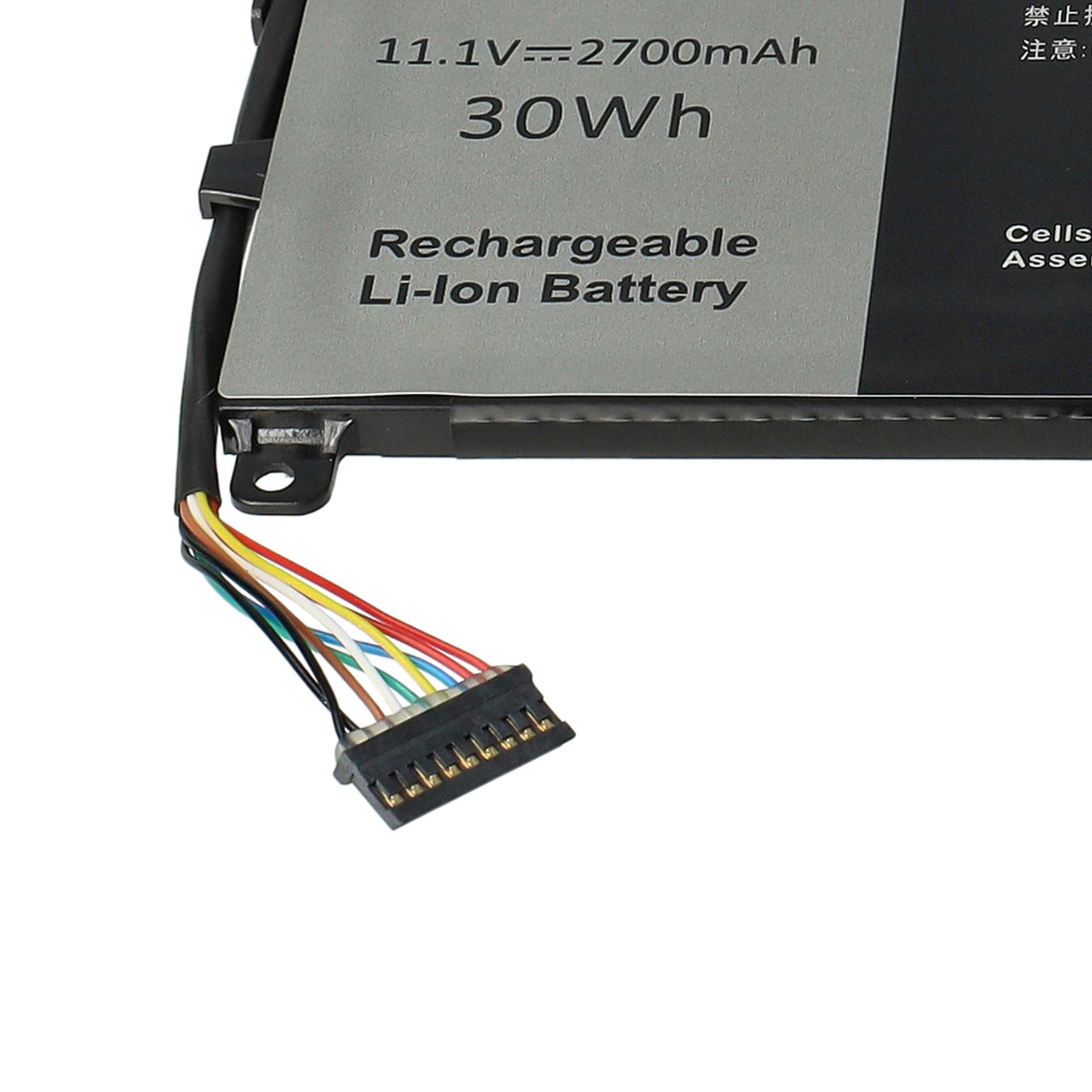Ein wiederaufladbarer Li-Ionen-Akku ist abgebildet. Er hat einen Stecker mit farbigen Drähten. Der Text umfasst Spannung, Kapazität und Leistung.