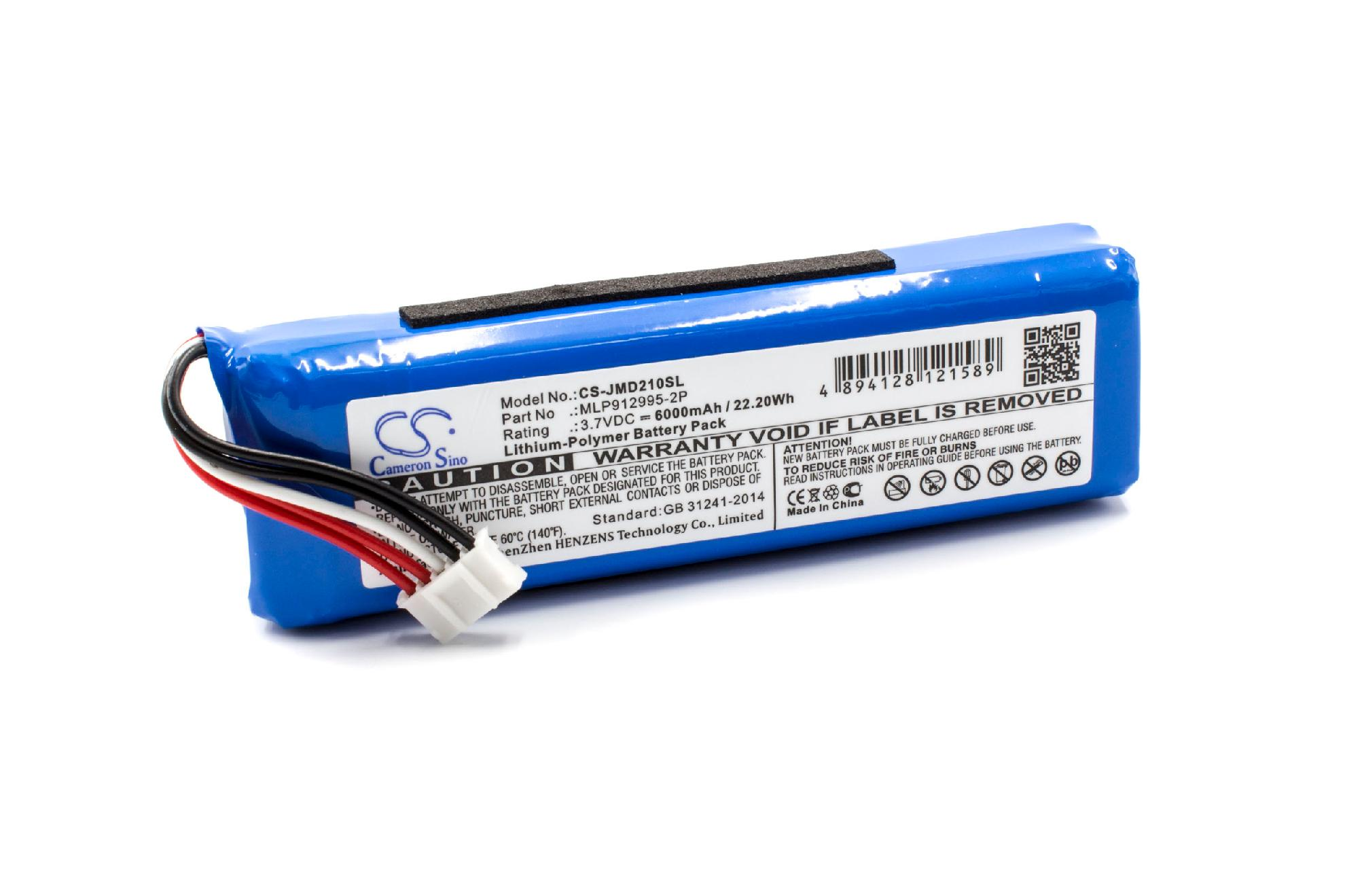 Ein blaues Akku mit weißem Stecker und Warnhinweisen. Text enthält Modellnummer, Bewertung und Garantieinformationen.