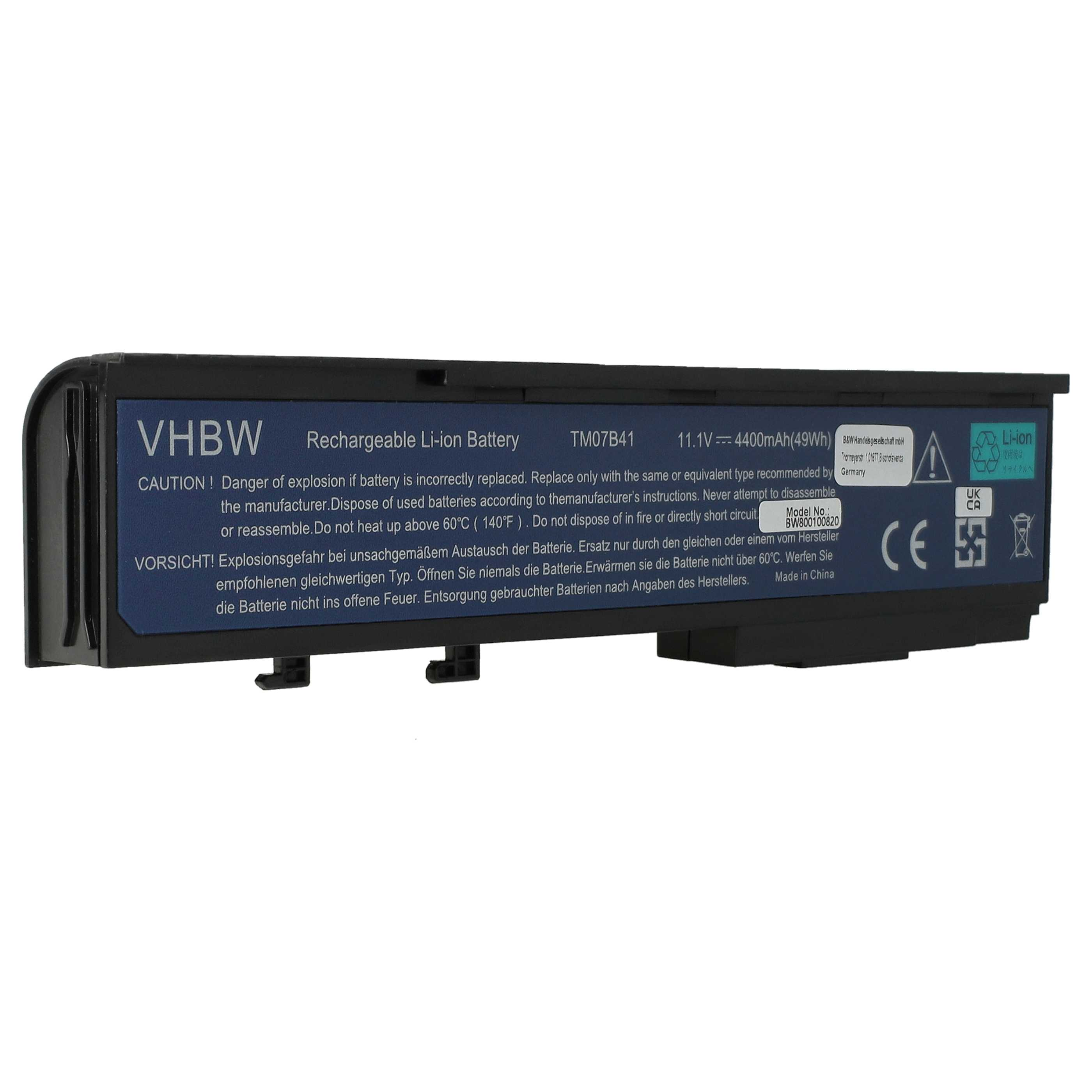 Ein schwarzer, wiederaufladbarer VHBW-Li-Ion-Akku mit Warnhinweisen und Spezifikationen.