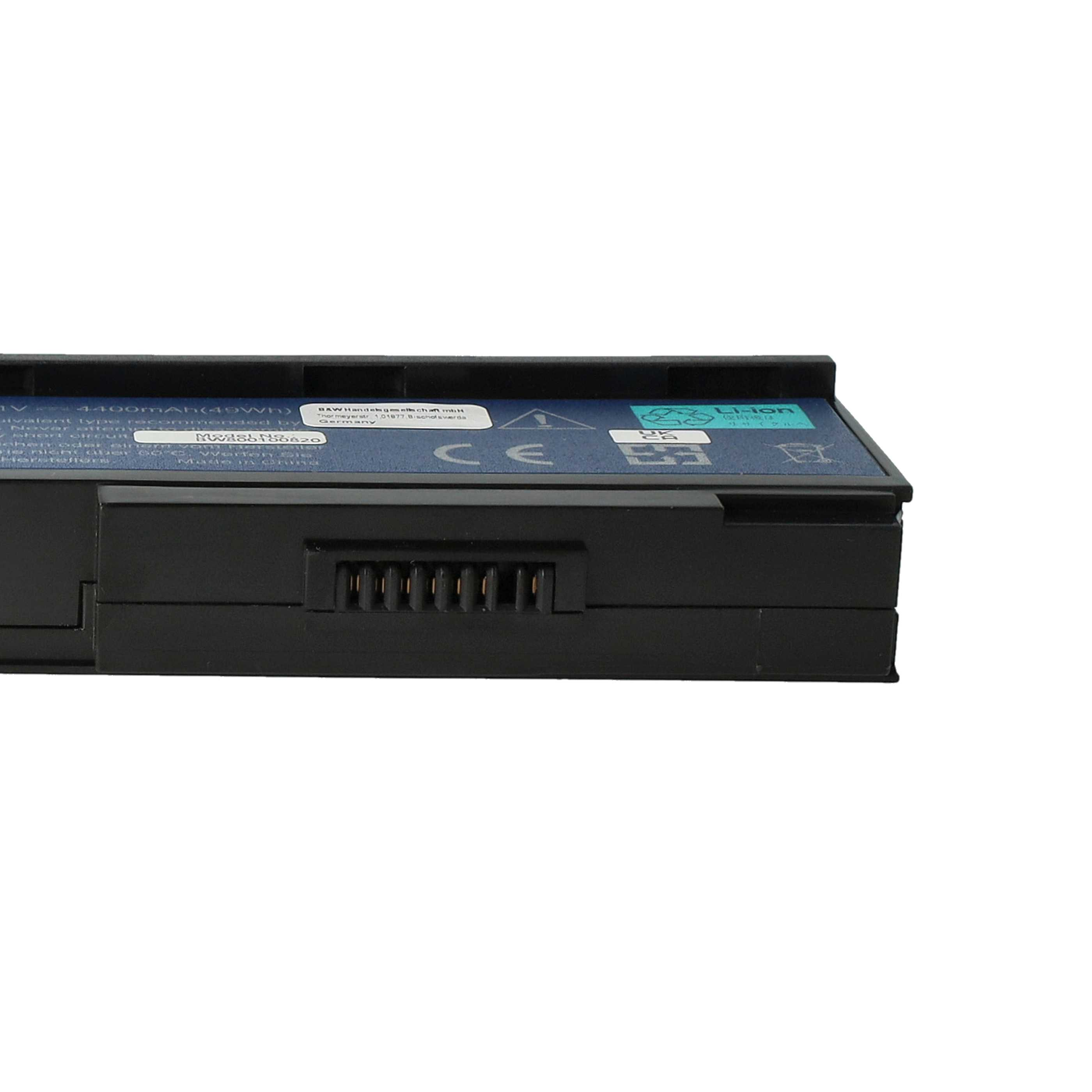 Ein schwarzer Laptop-Akku mit Text und Logos. Die Oberseite ist blau. Enthält einen Anschluss und weißen Hintergrund.