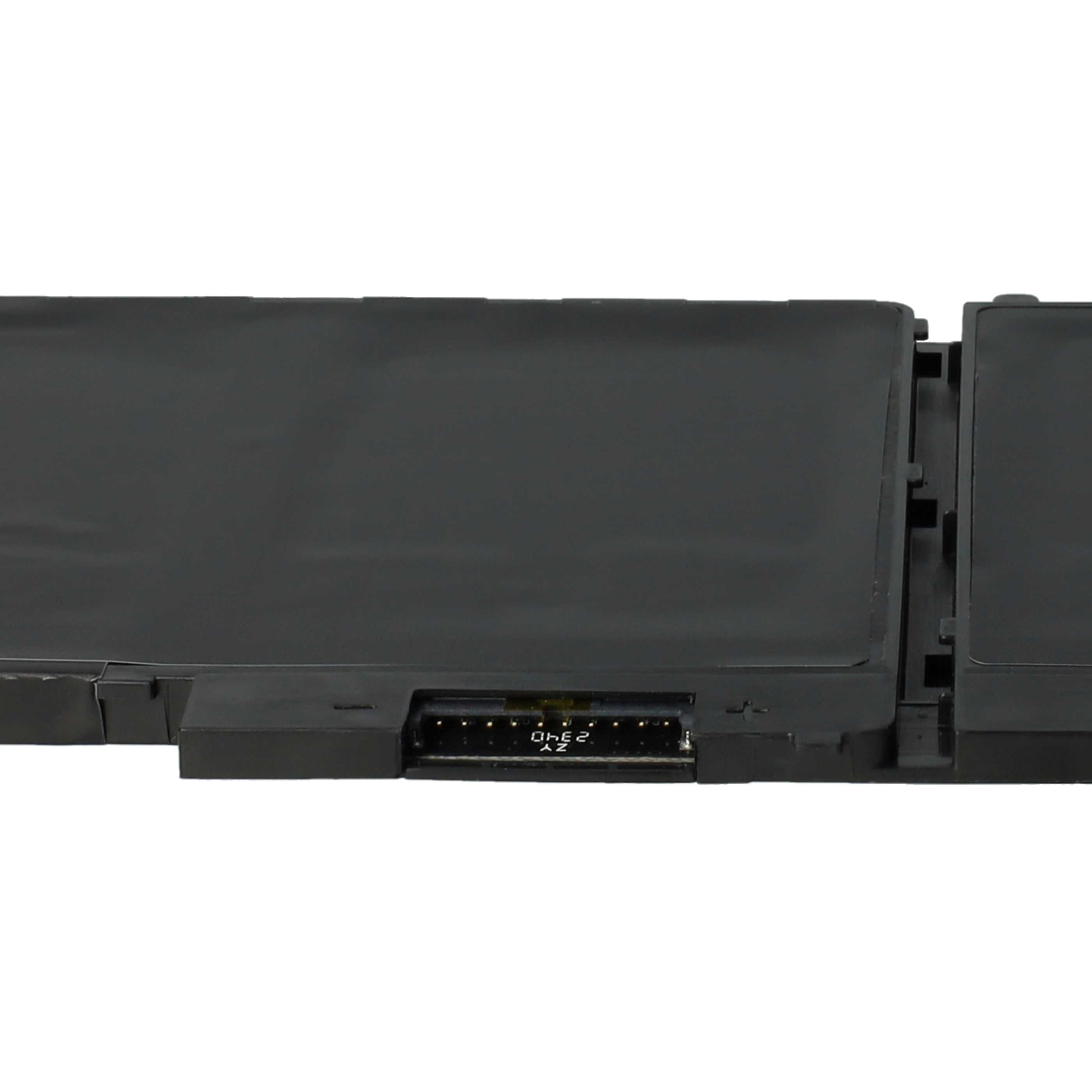 Ein schwarzer Laptop-Akku. Er hat einen Stecker mit Pins und etwas sichtbarem Text. Der Hintergrund ist weiß.
