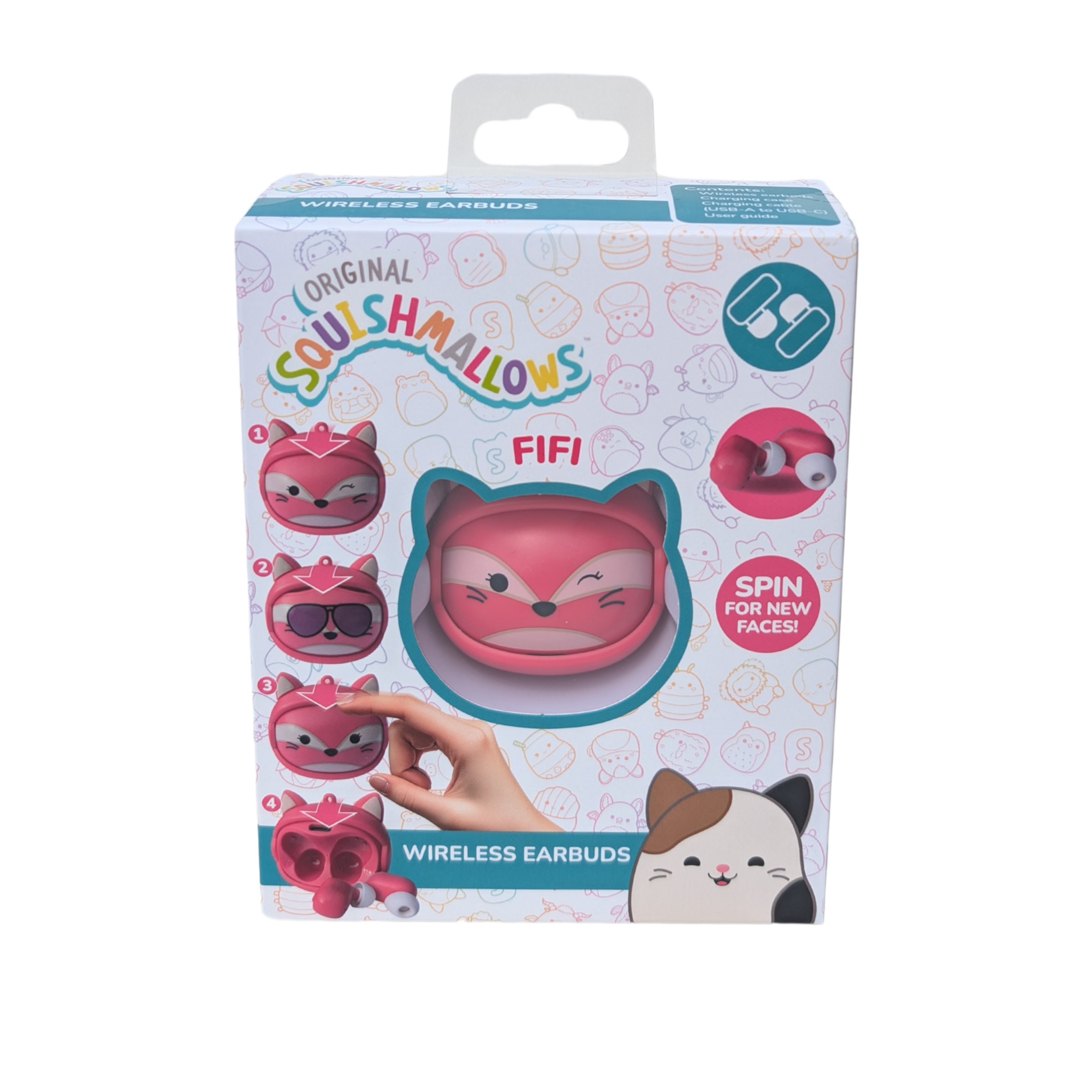 A box of wireless earbuds with a fox design. The box shows different fox faces and the earbuds. A hand turns the case.