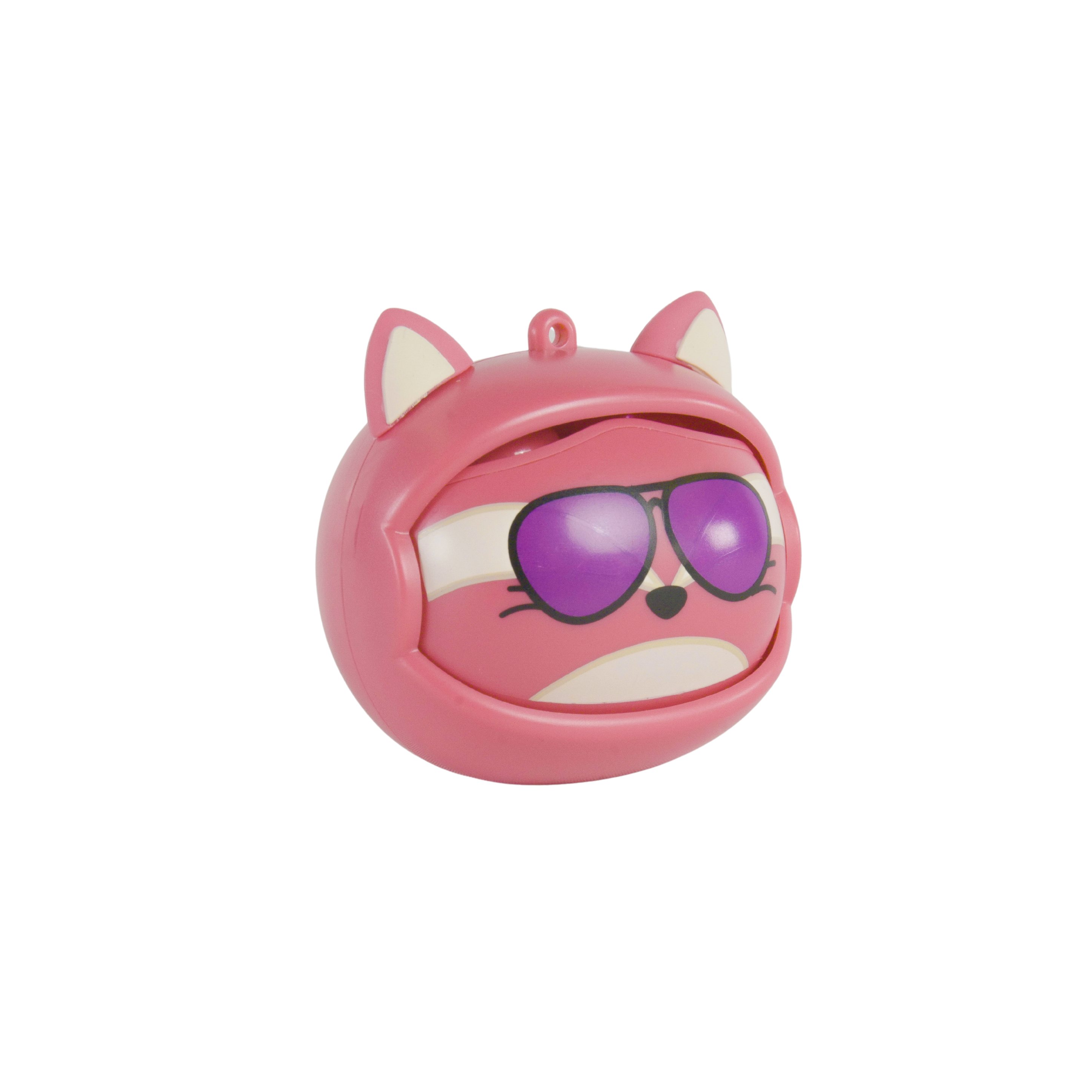 A pink cat-shaped toy with sunglasses. It has white accents and cat ears. The background is plain white.