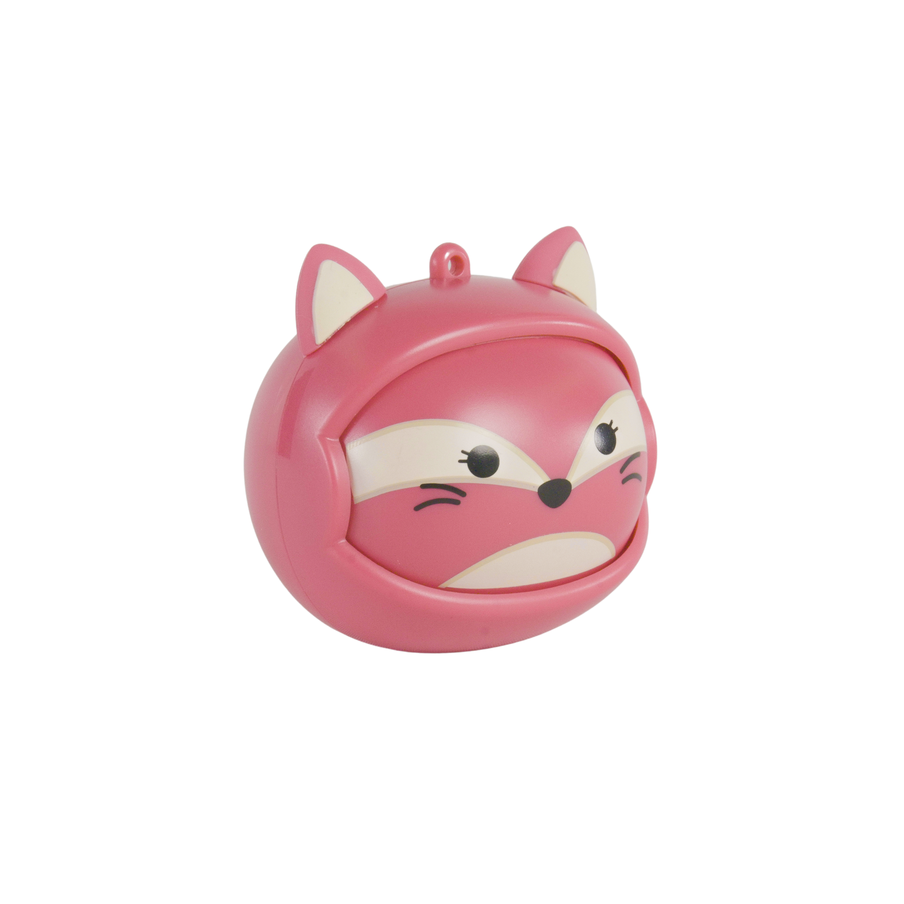 A pink plastic fox toy with white and black details. The toy is on a white background. It has a loop on top.