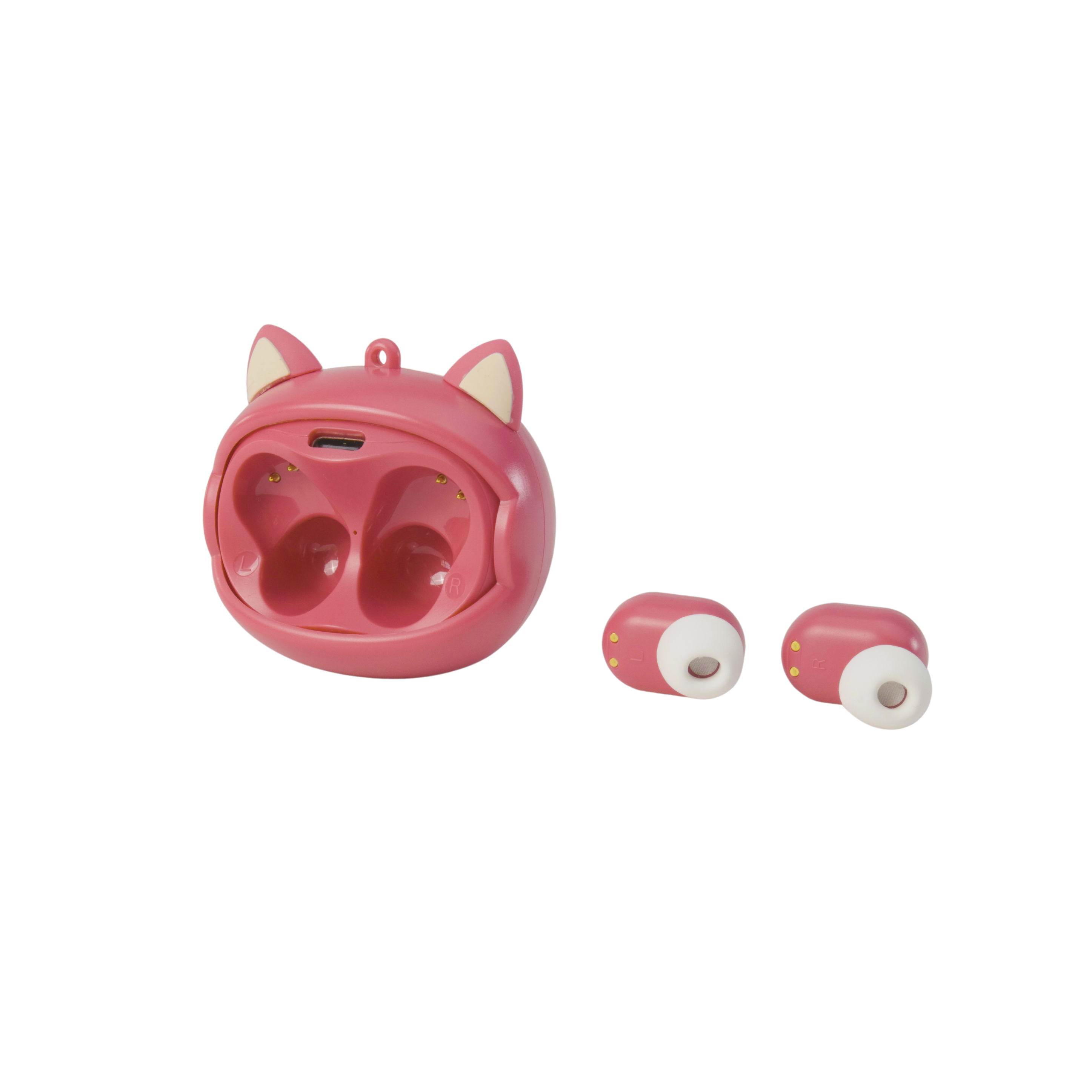 Pink cat-ear shaped earbud charging case and two earbuds on a white background. The earbuds are also pink.