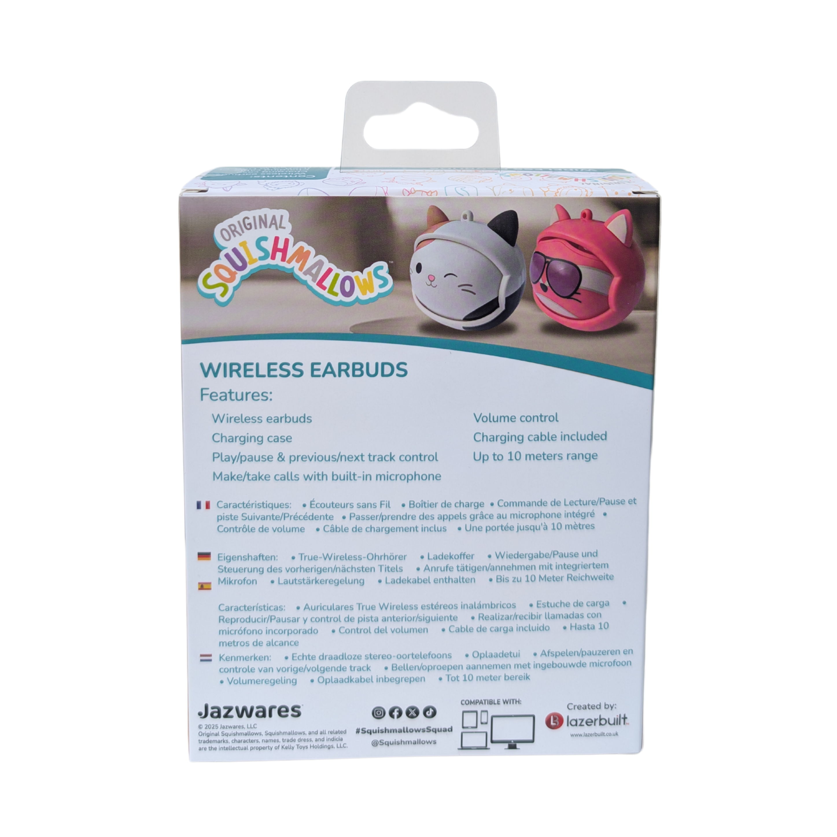 Box of wireless earbuds. It shows the product with two cartoon character helmets. Text in multiple languages.