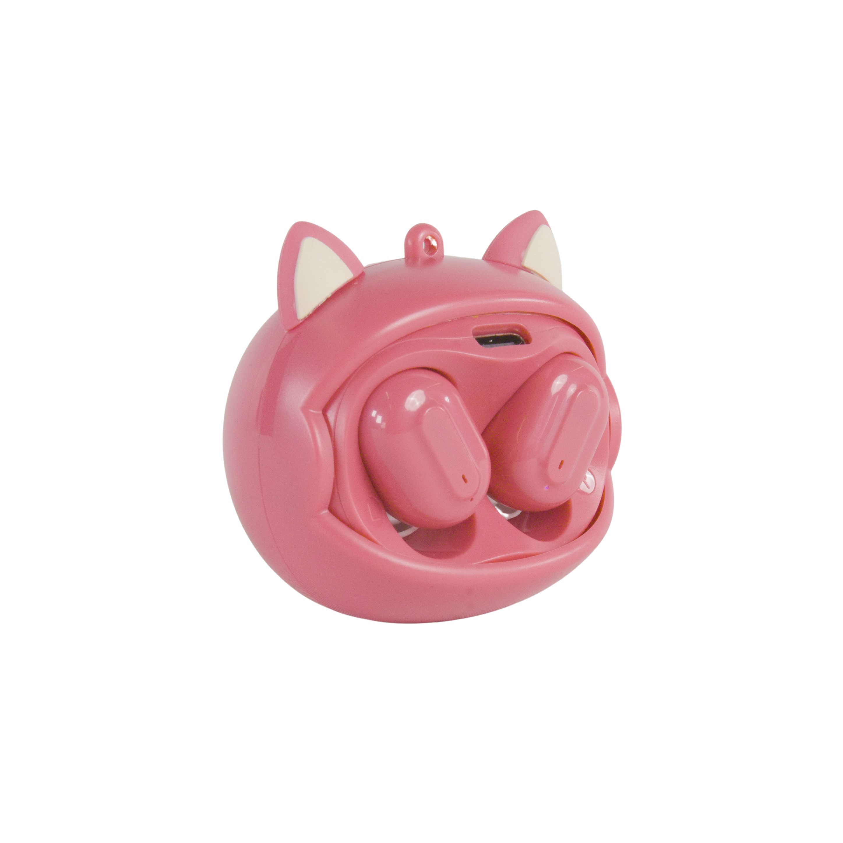 Pink earbuds in a cat-shaped case, white ears, on a white background.