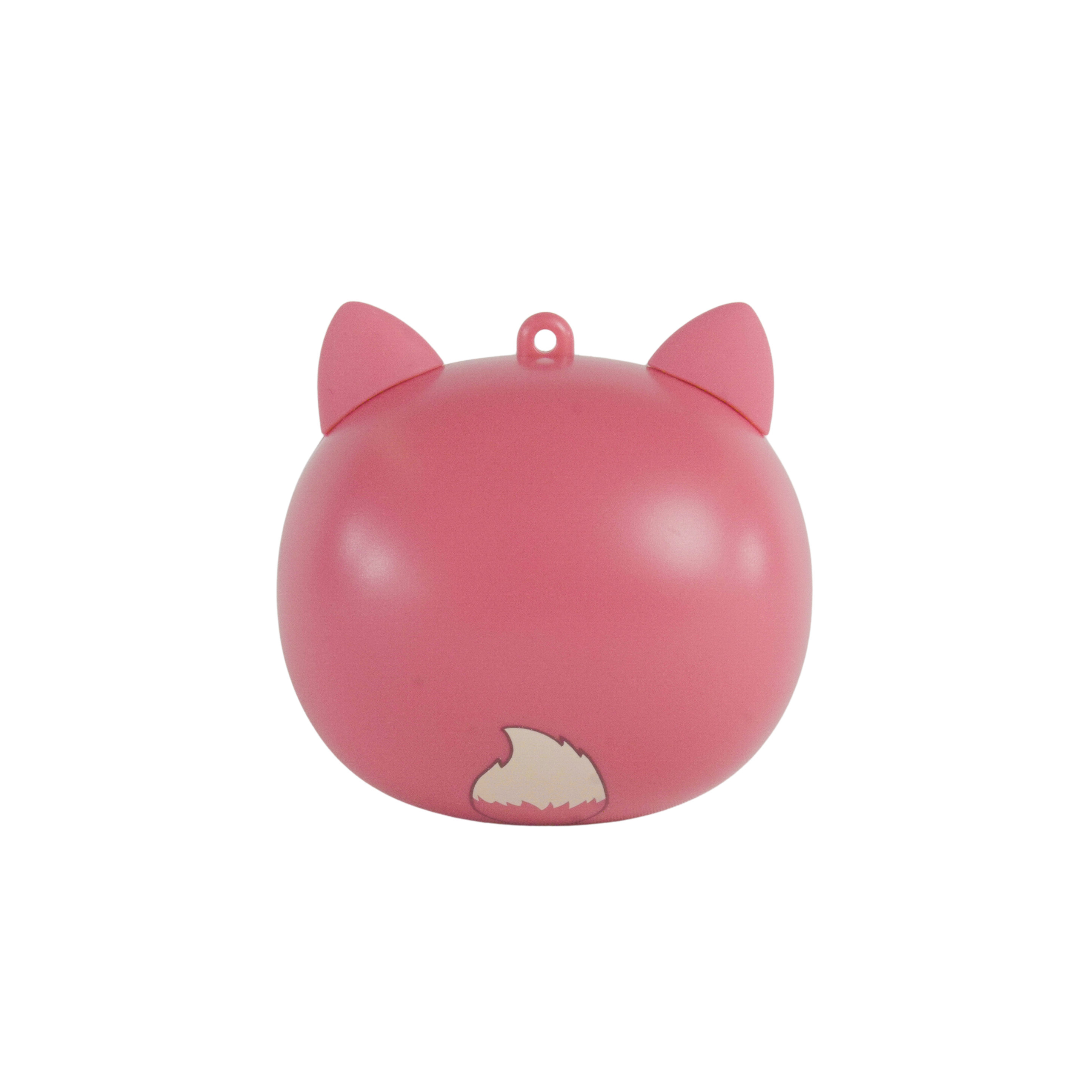 A pink, spherical object resembling a cat. It has ears, a tail, and a loop. The background is white.