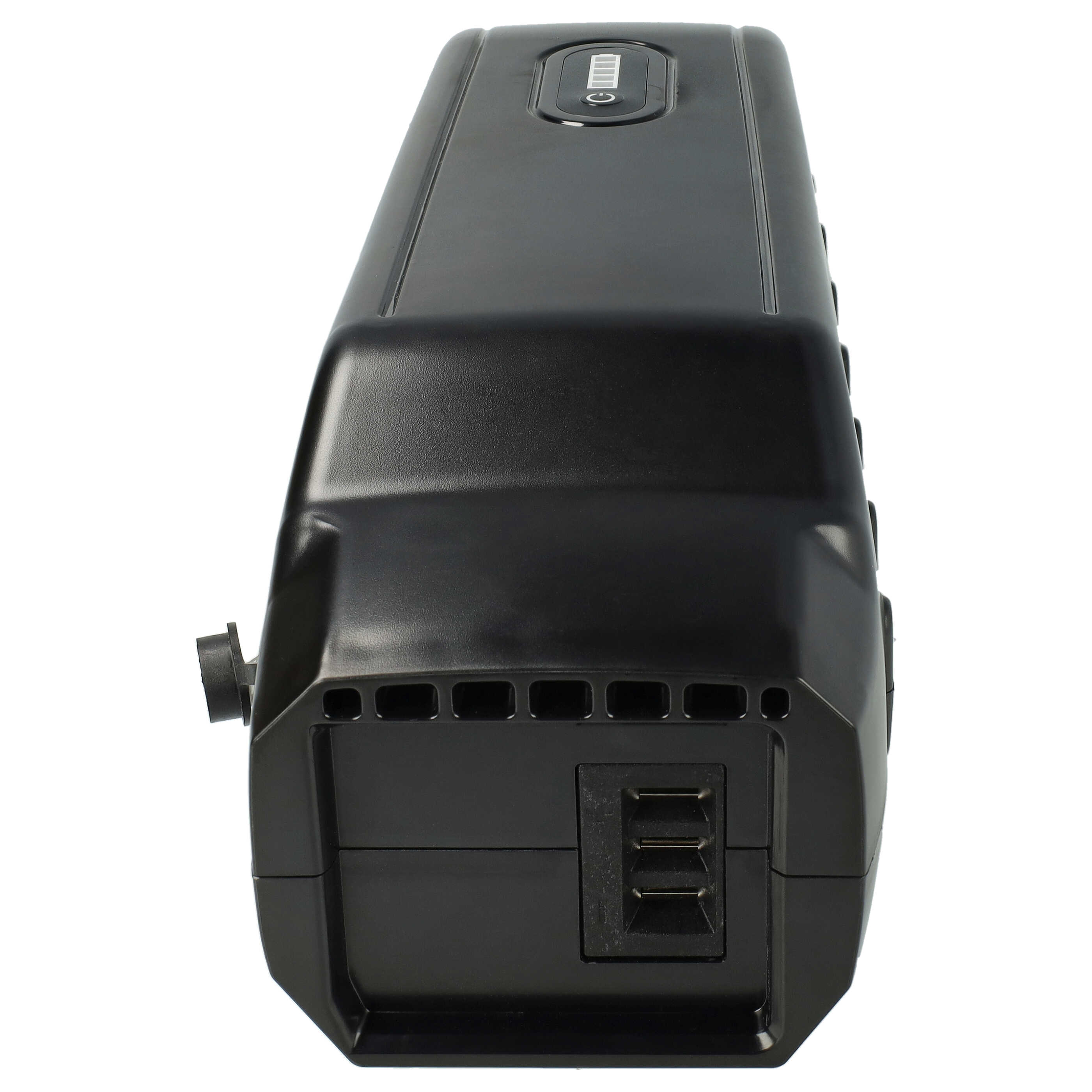 Ein schwarzes Batteriepack. Es hat einen Ein-/Ausschalter und eine Batteriestandsanzeige. Es gibt Lüftungsschlitze und USB-Anschlüsse.