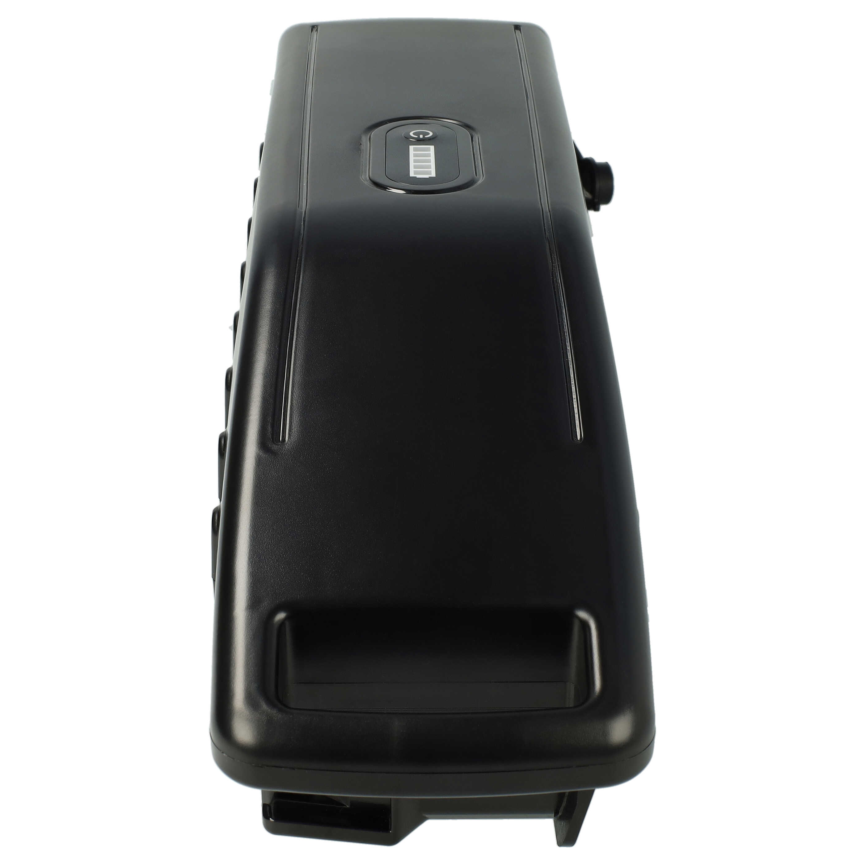 Ein schwarzes Batteriepack mit Ein-/Ausschalter und Batteriestandsanzeige. Der Hintergrund ist weiß.