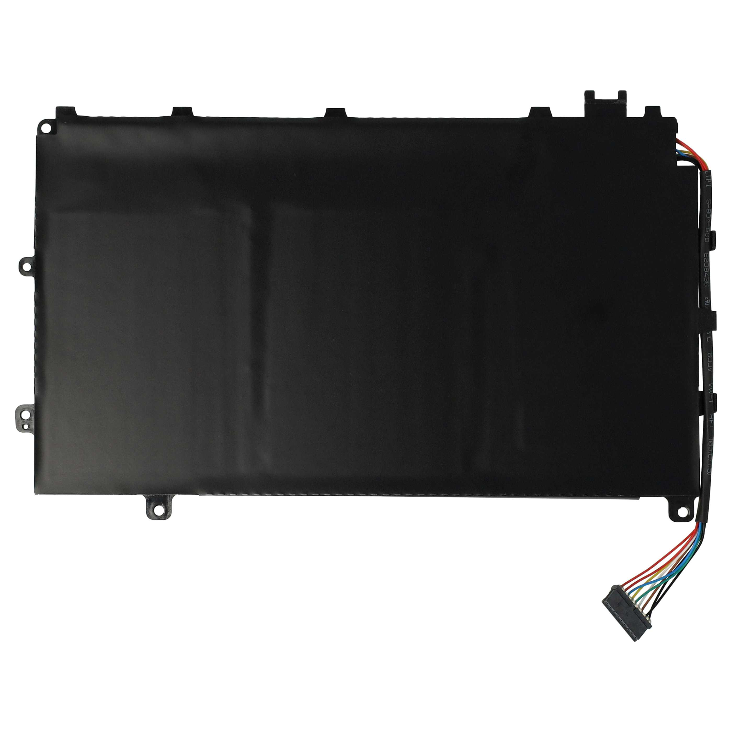 Ein schwarzer Laptop-Akku mit Stecker und mehrfarbigen Drähten, die sich von der Seite erstrecken. Er hat Befestigungslöcher.