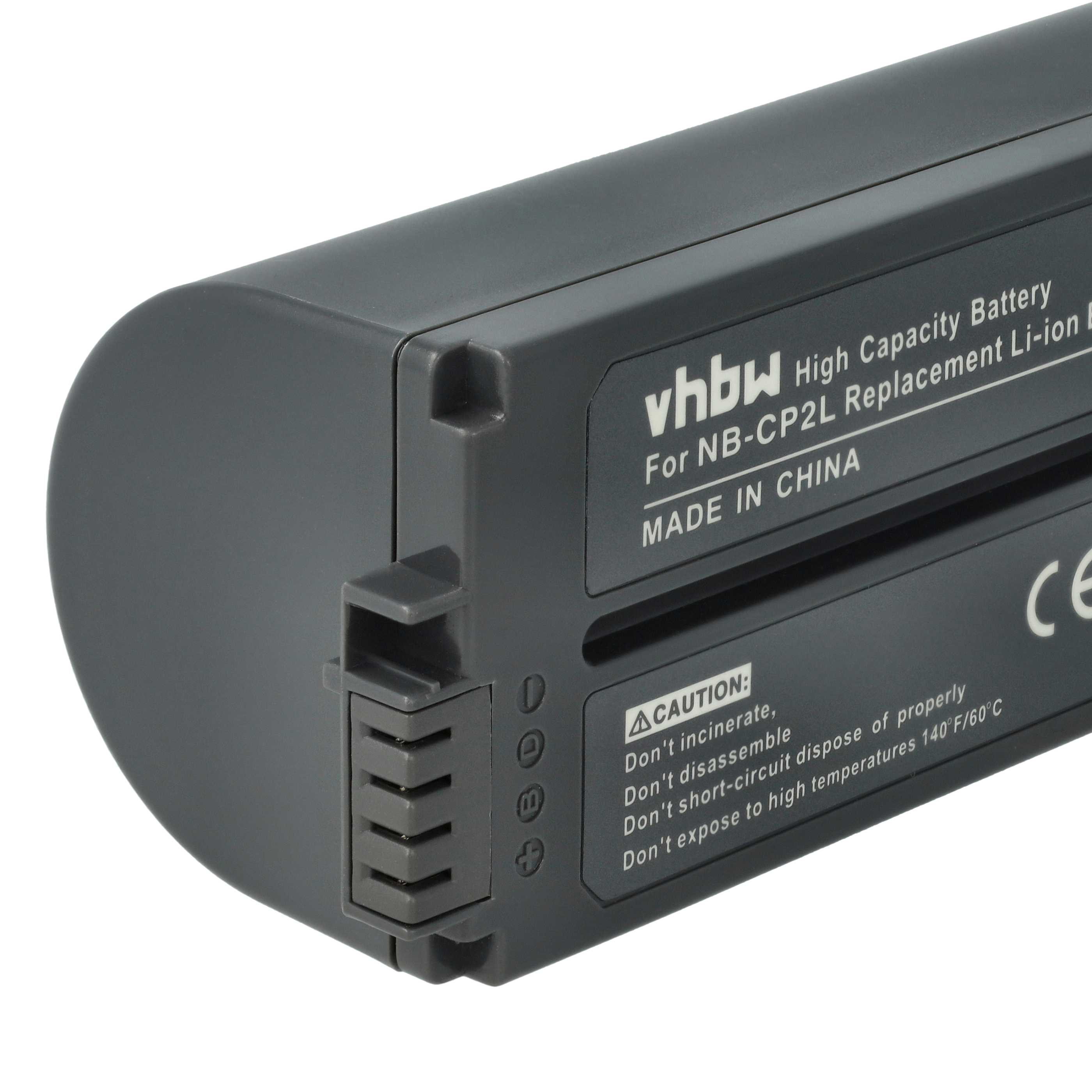 Ein graues Akkupack mit Text, darunter 'vhbw High Capacity Battery' und ein Vorsichtshinweis.