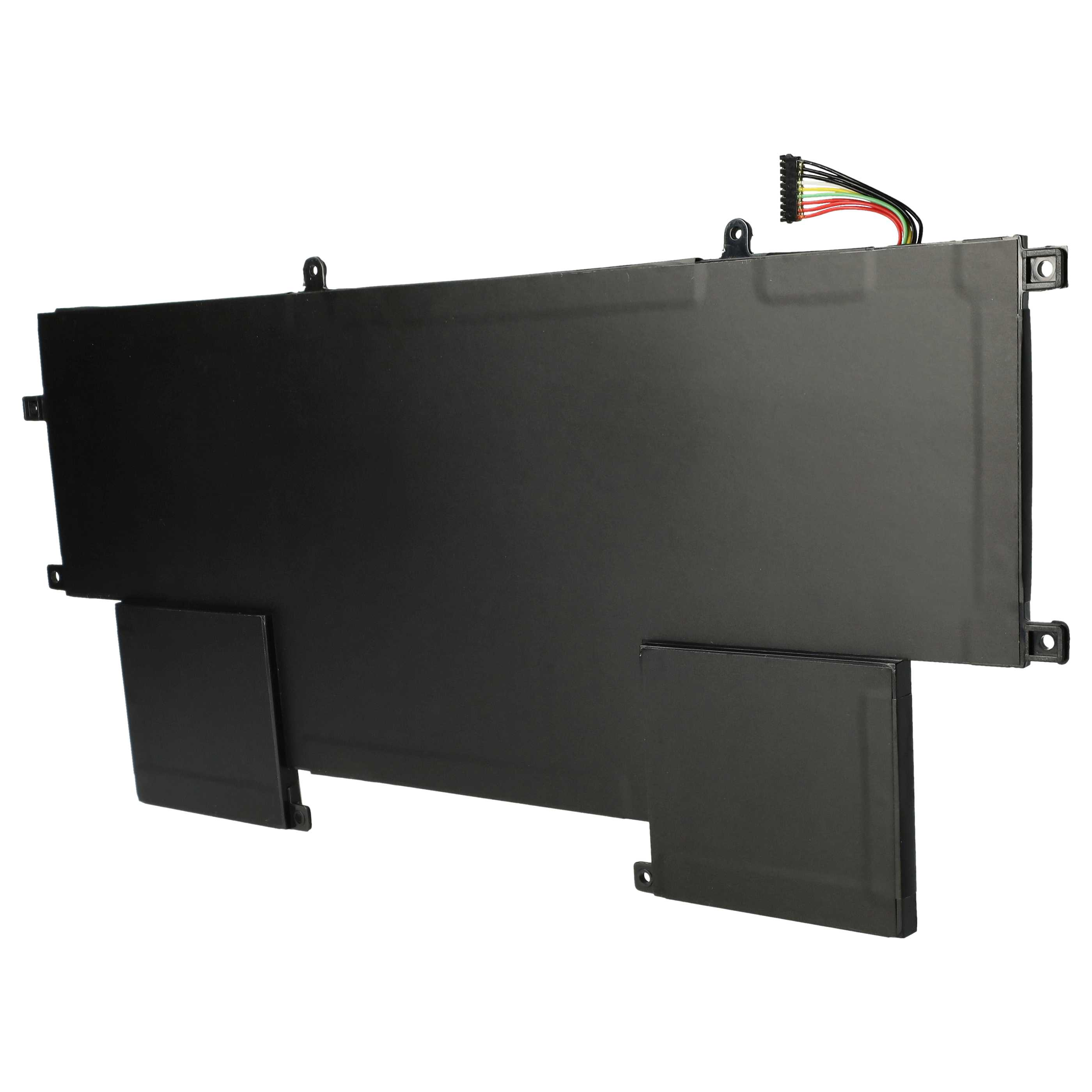 Ein schwarzer rechteckiger Laptop-Akku mit Stecker und Kabeln. Zwei kleinere rechteckige Teile sind angebracht.
