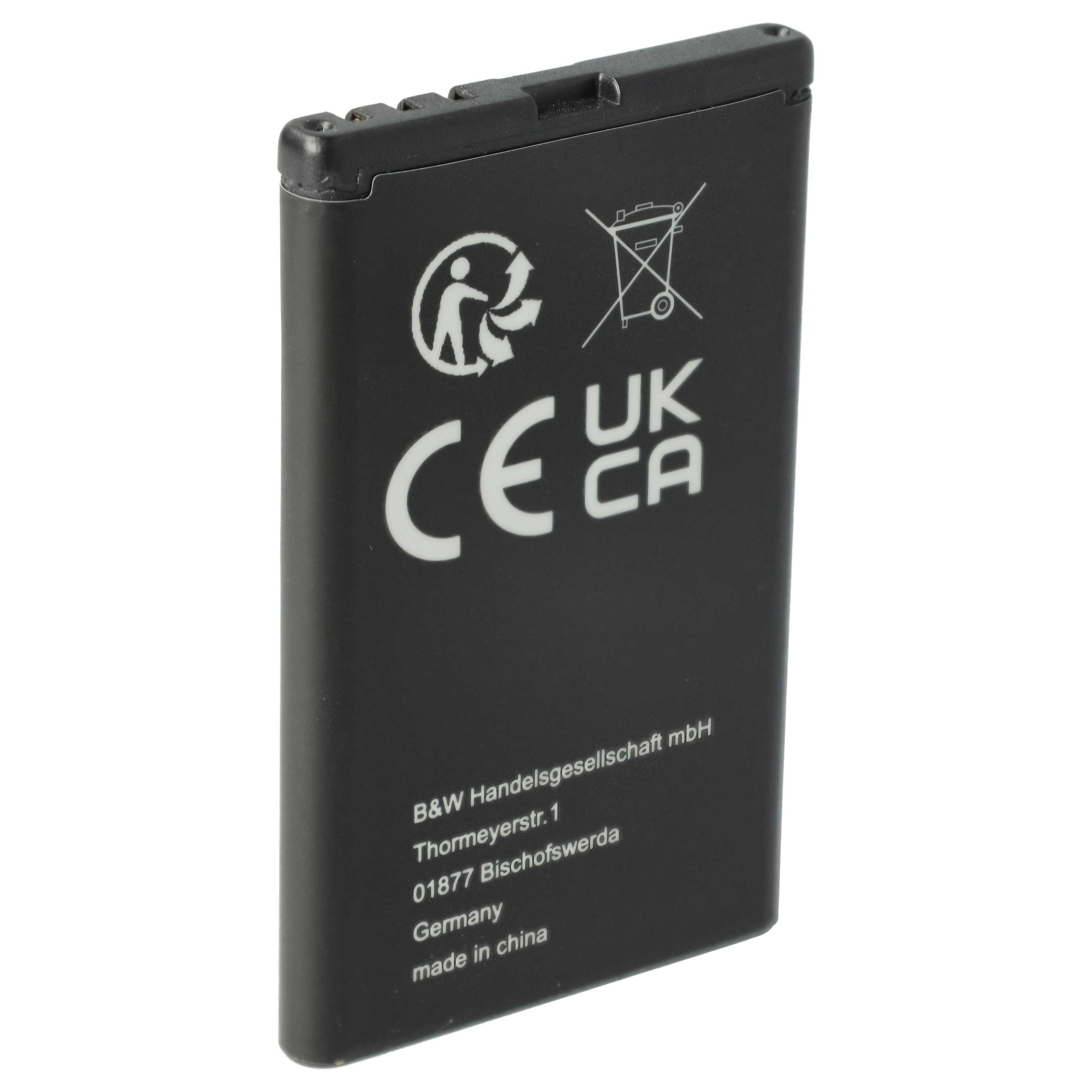 Schwarzer Akku mit weißen CE- und UKCA-Symbolen. Text enthält Firmennamen, Adresse und 'made in china'.