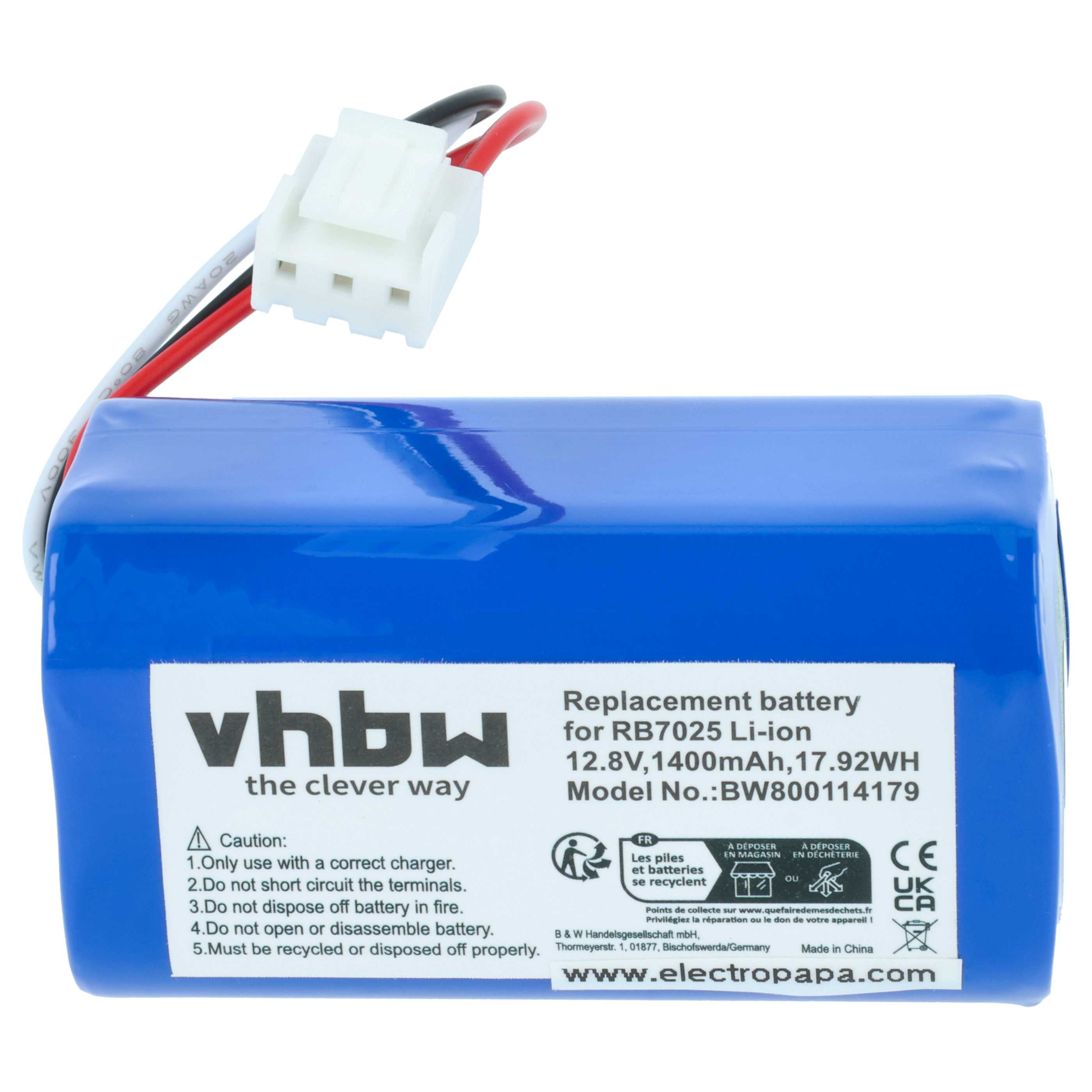 Ein blauer Akku mit weißem Stecker und Drähten. Text enthält 'Replacement battery' und 'www.electropapa.com'.