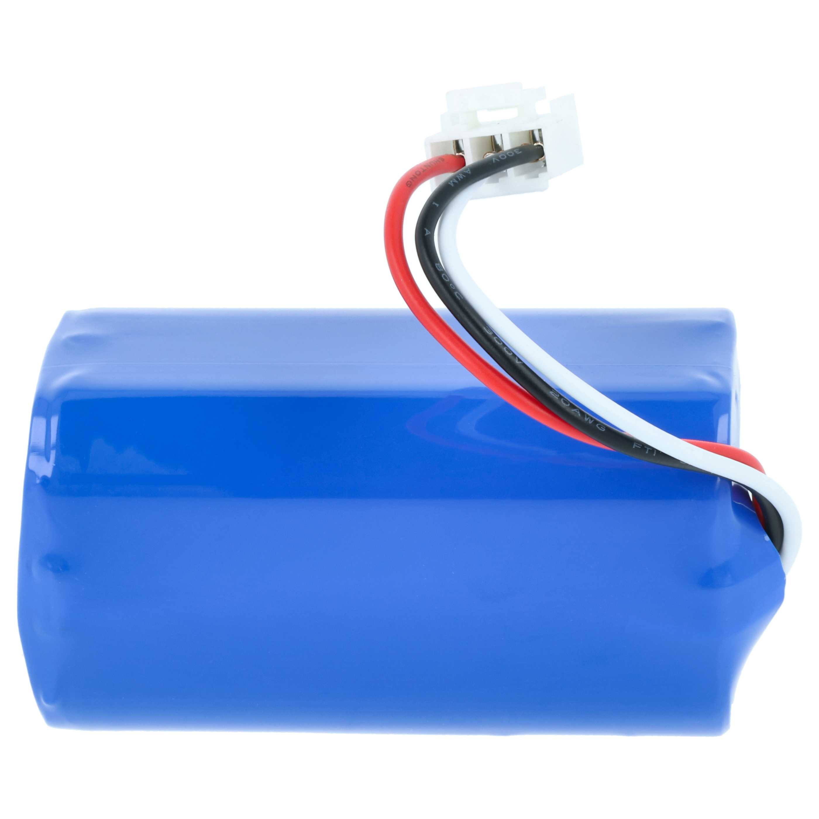 Blauer Akku mit Drähten und einem weißen Stecker. Drähte sind rot, weiß und schwarz. Der Hintergrund ist weiß.