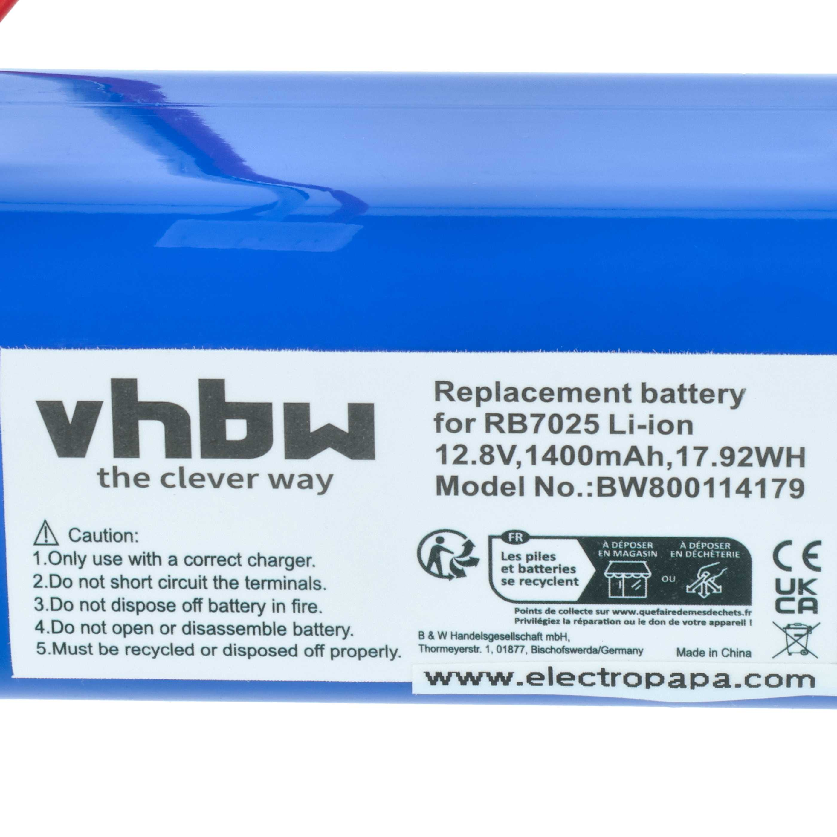 Ein Akku mit Text und Symbolen. Es steht vhbw, Ersatzbatterie und Vorsichtshinweise zur Verwendung und zum Recycling.