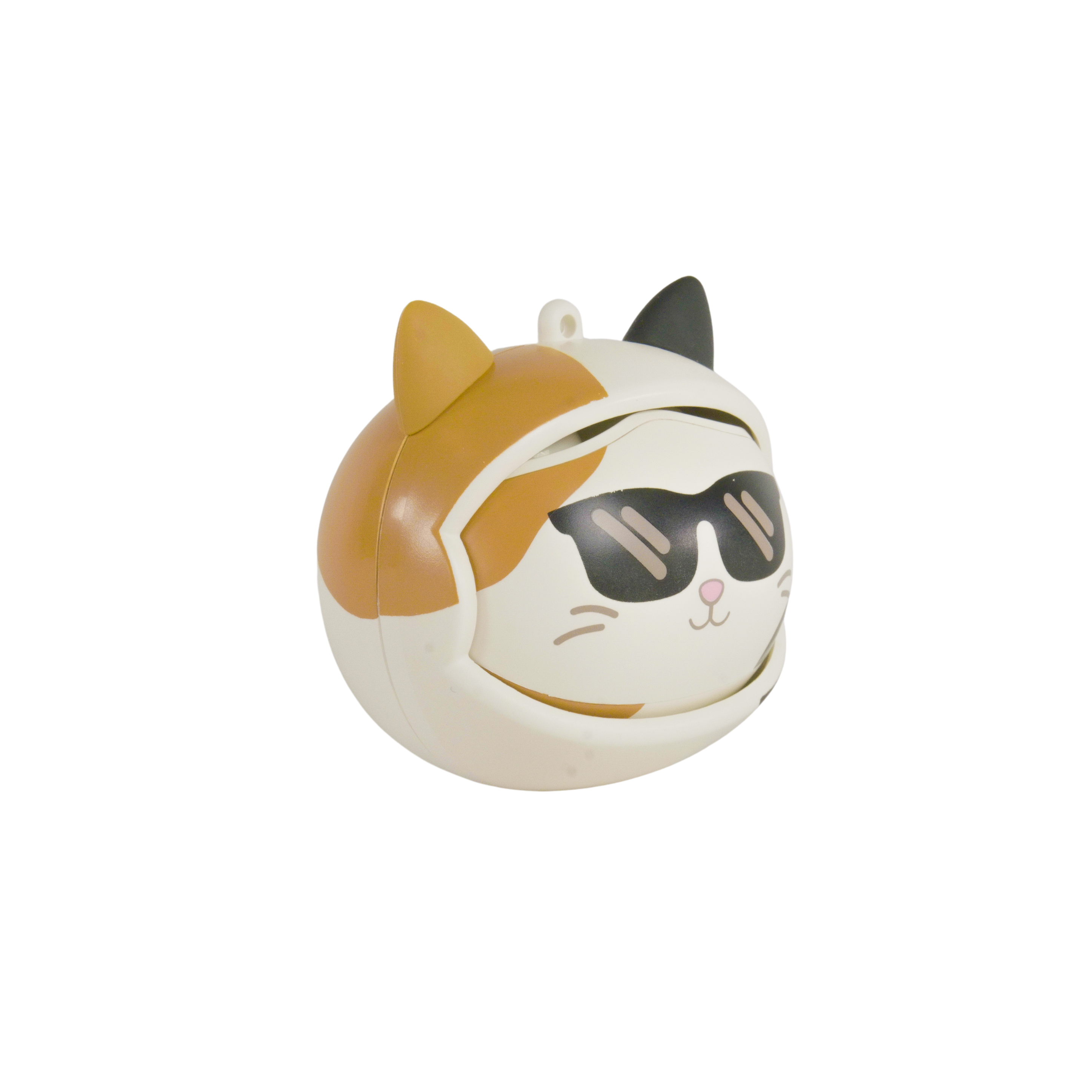 A cat-shaped toy with sunglasses. It has orange, white, and black colors. The background is plain white.