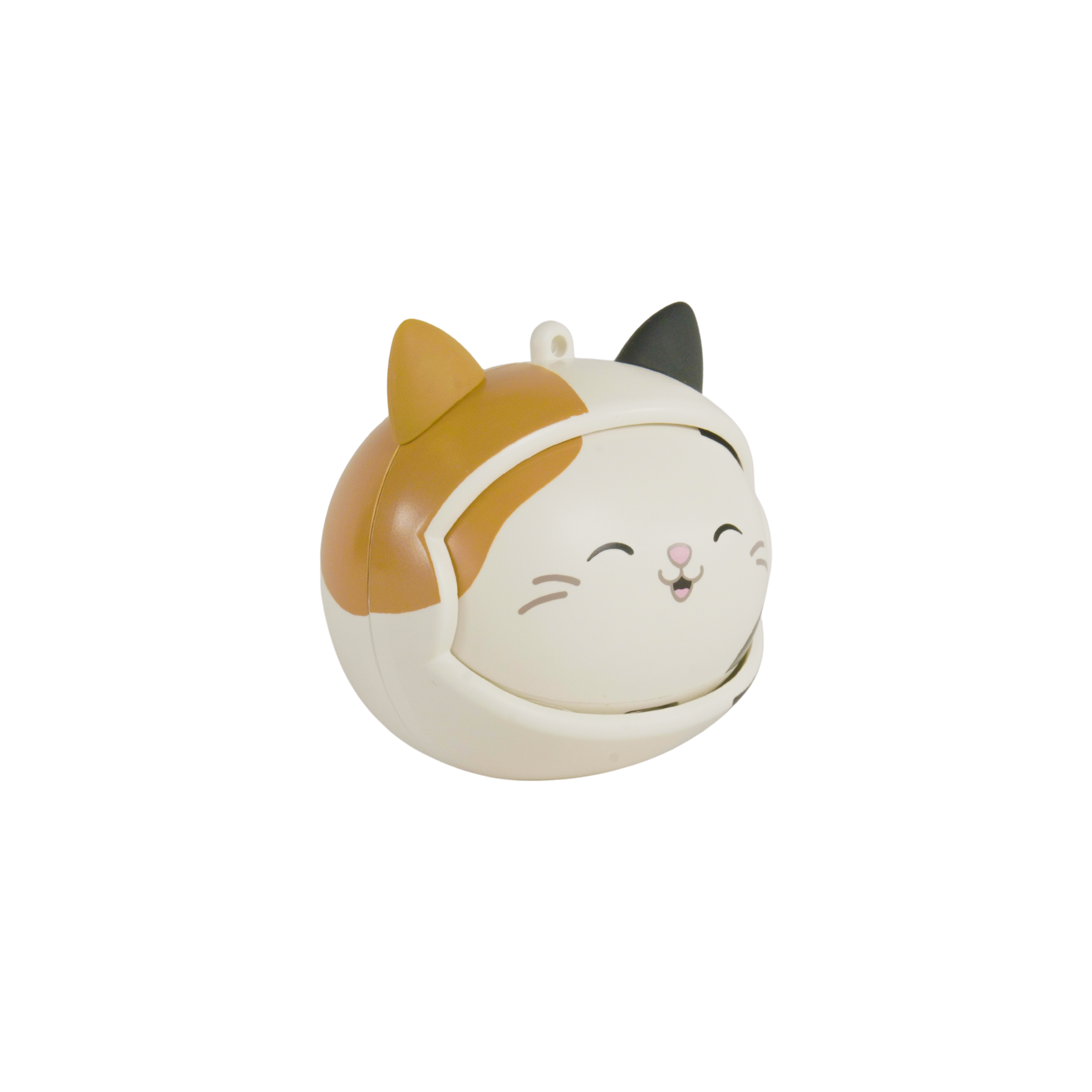A round, cat-shaped toy with a smiling face, tan and black ears, and an off-white body, isolated on white.