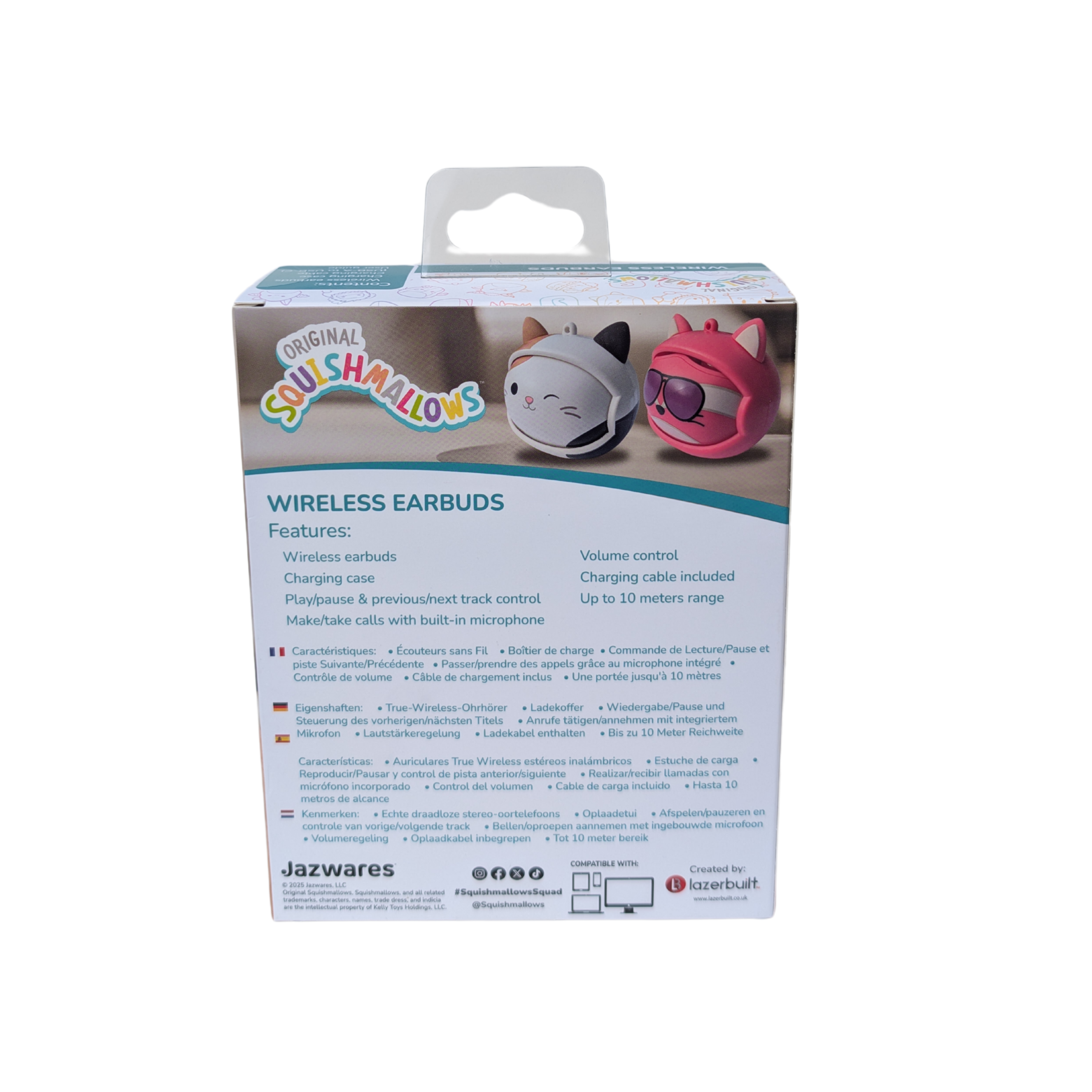 Box of wireless earbuds. Top shows cat and pink helmet designs. Text lists features and languages.